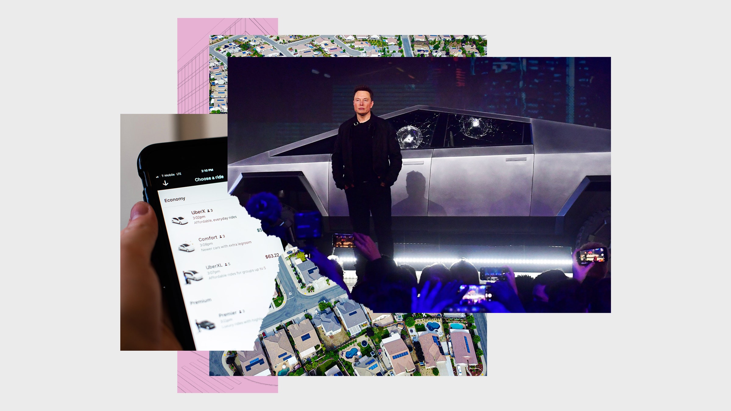 Colagem de fotos Elon Musk em um caminhão Tesla demonstra o aplicativo Uber no telefone, complexo residencial e desenho