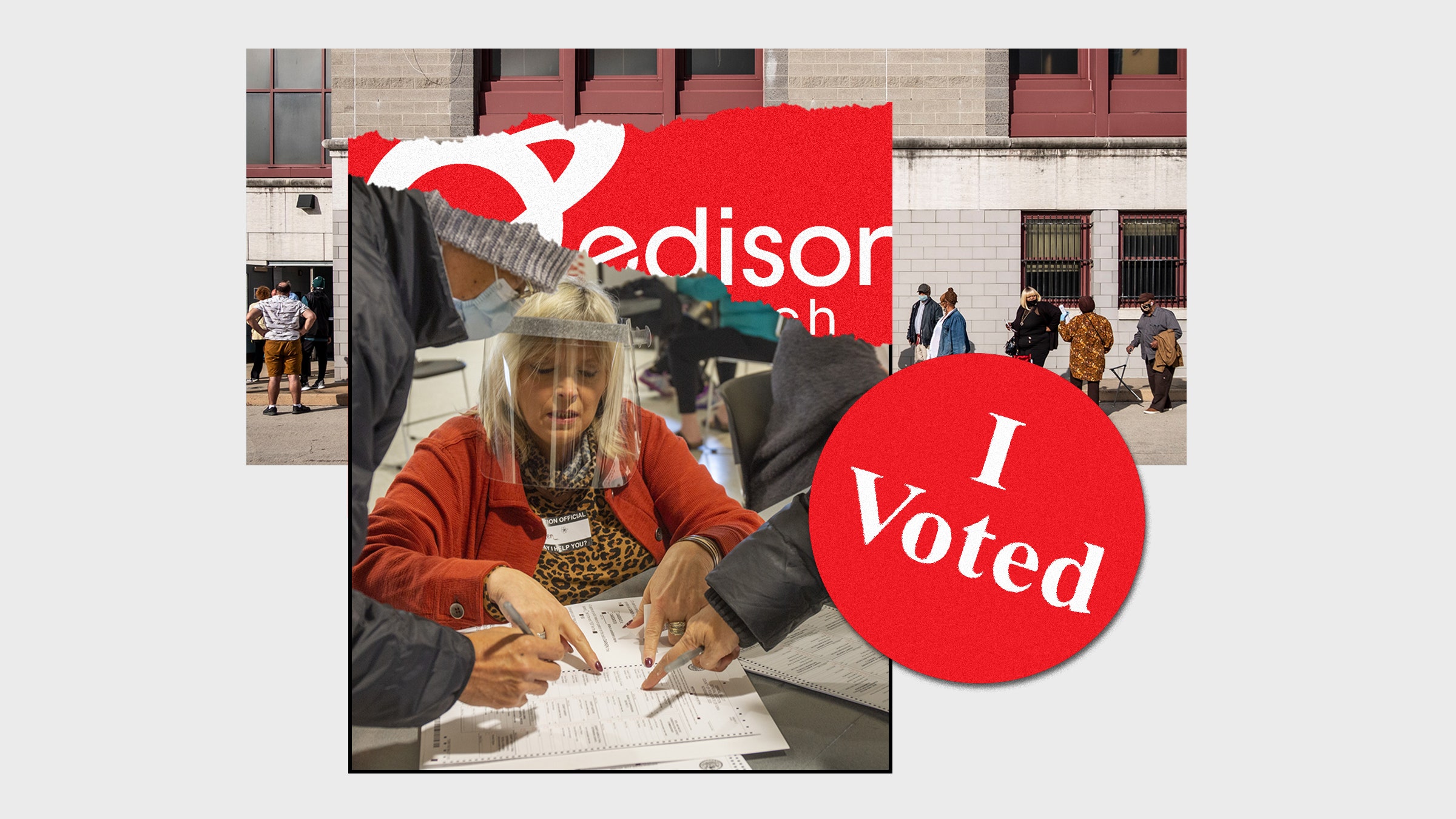 A colagem das imagens de trabalhadores das assembleias de voto está na fila para votar e o adesivo 
