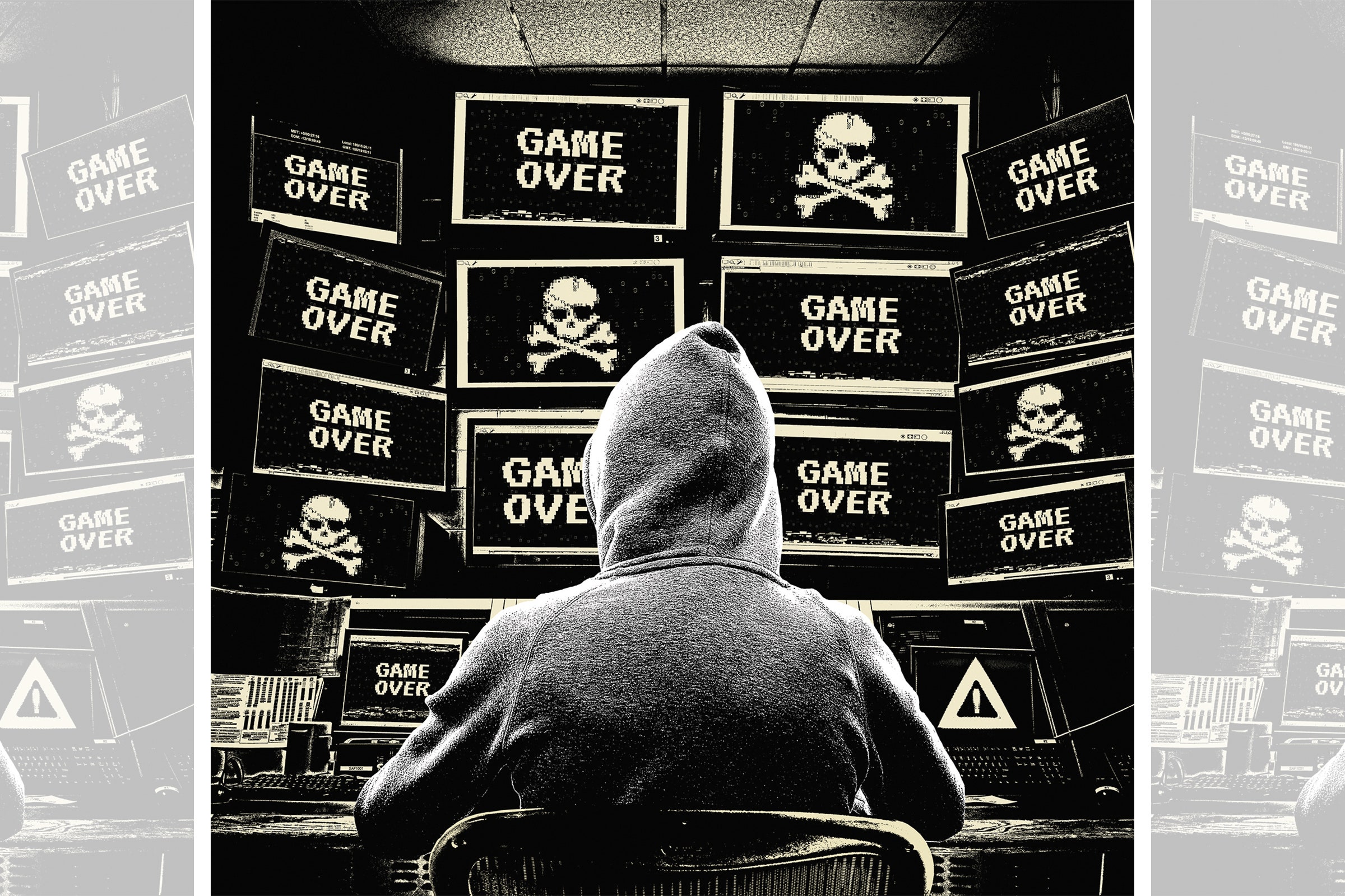 Uma ilustração de um hacker vestindo um moletom cinza sentado em frente a várias telas de computador onde se lê 