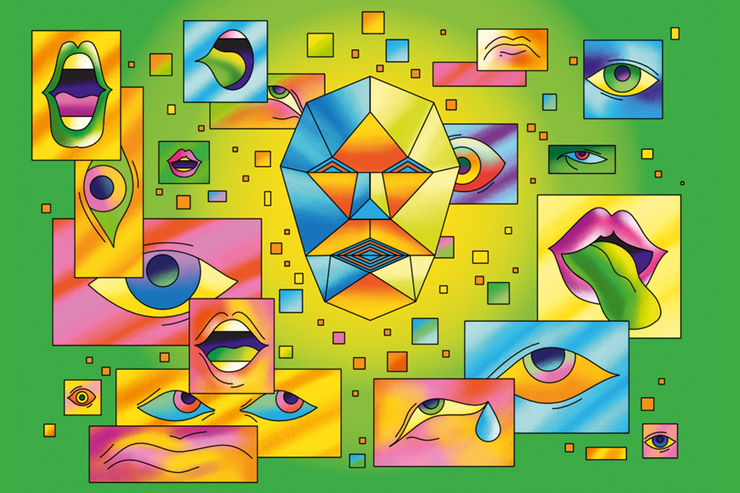 Ilustração conceitual de IA emocional com múltiplas telas representando emoções usando olhos e boca
