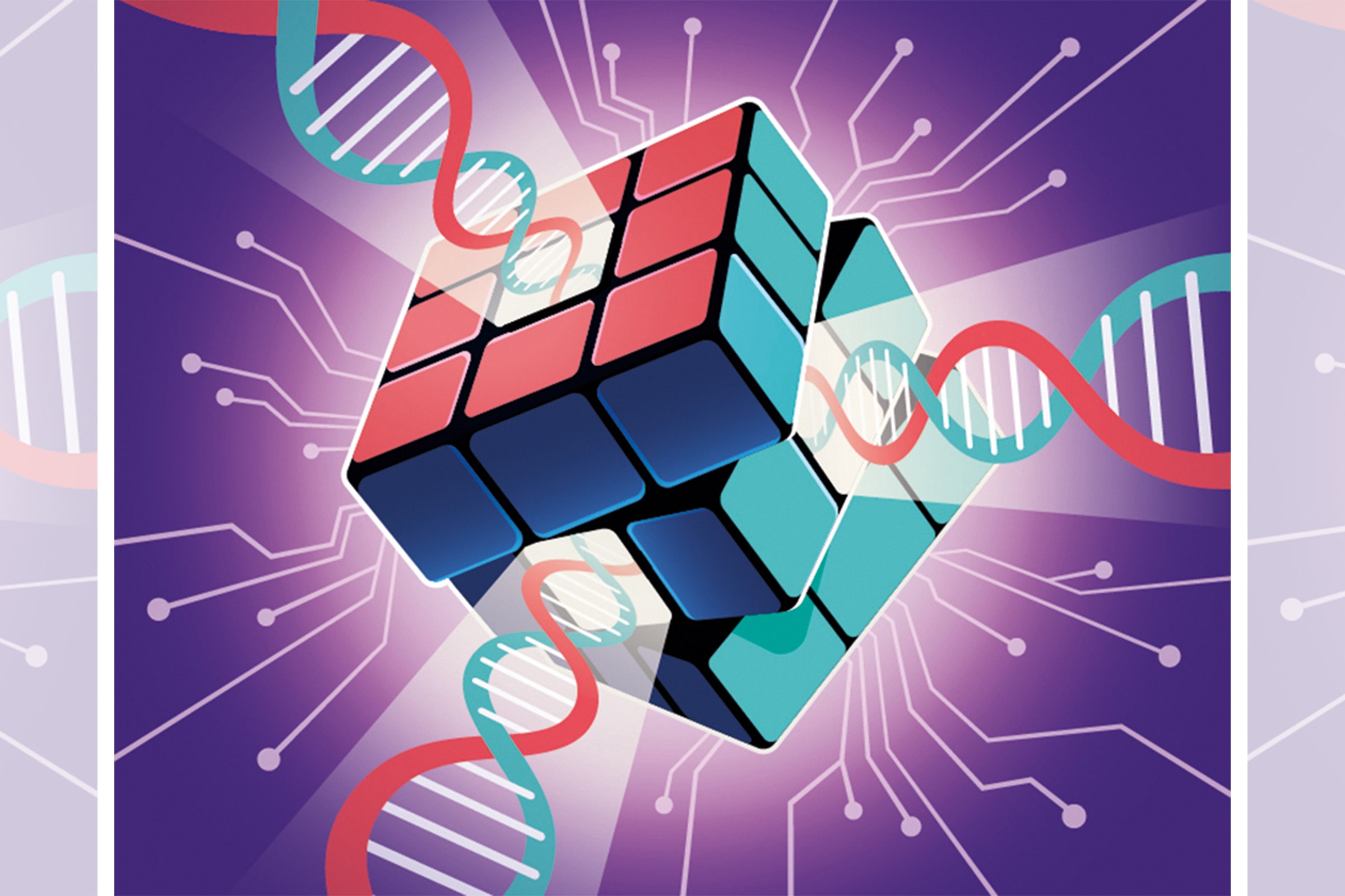 Ilustração de fitas de DNA e raios de luz escapando de um cubo de Rubik
