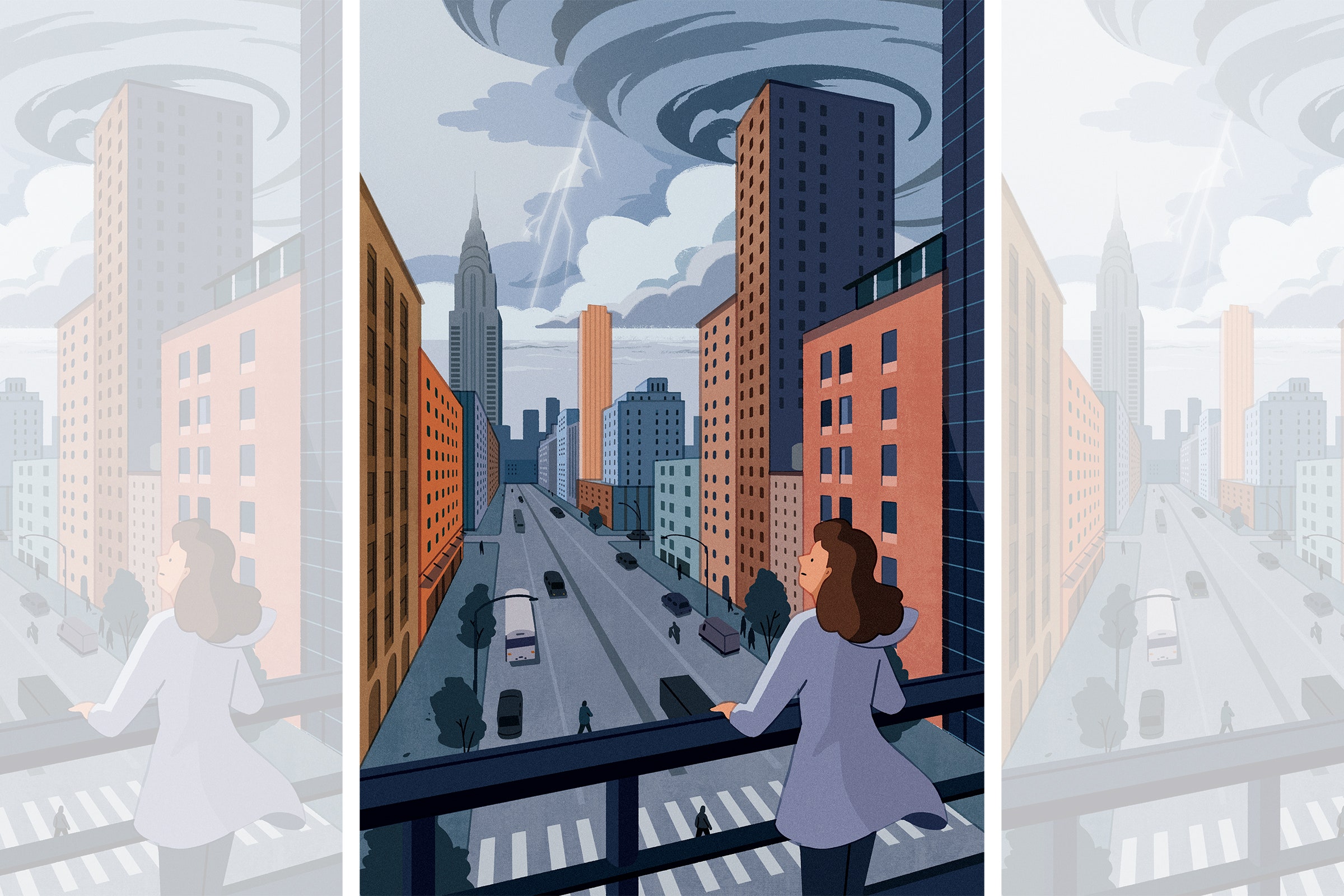 Uma ilustração com a imagem de uma mulher na varanda no ambiente urbano, que analisa o aquecimento global e uma tempestade.