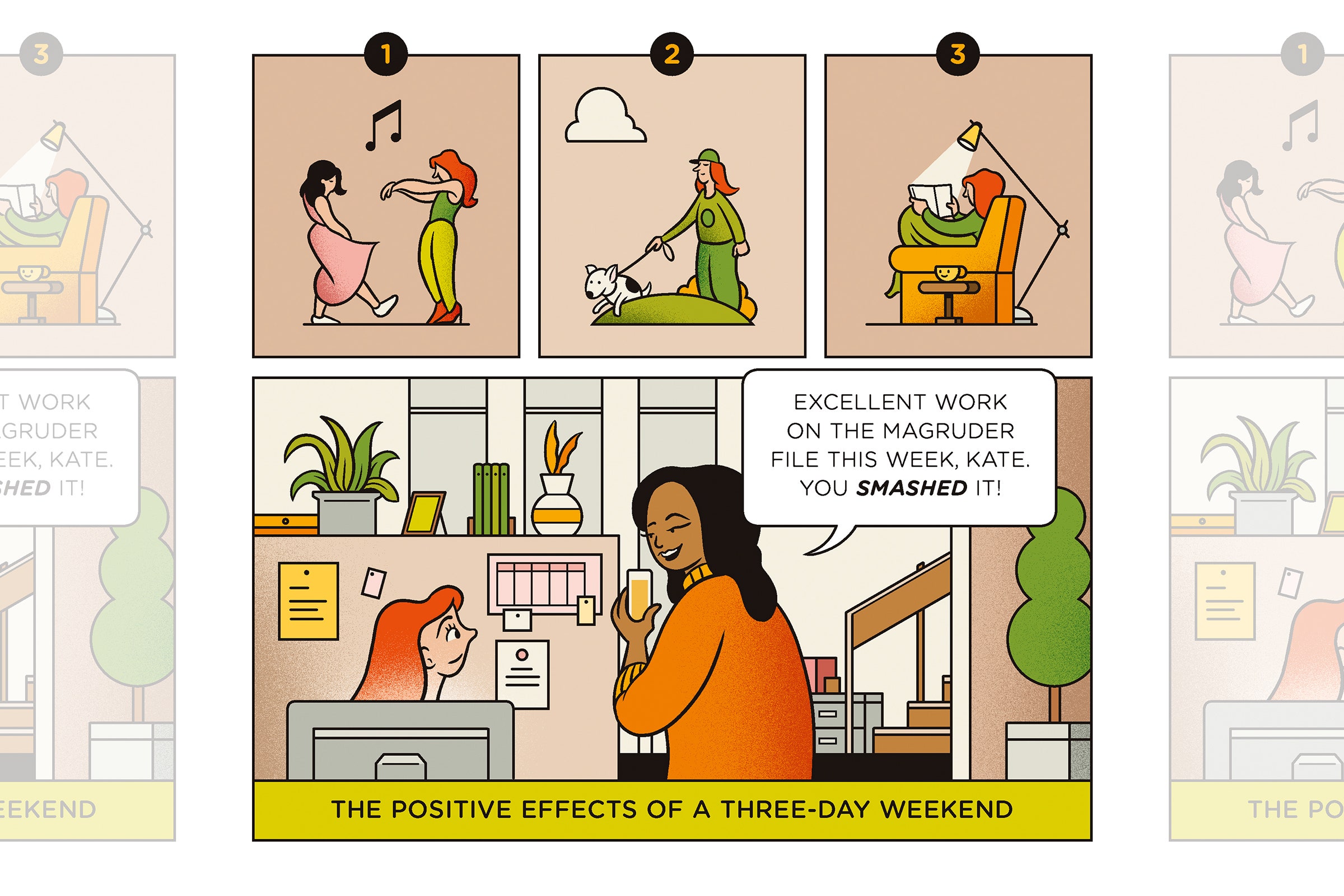 Uma história em quadrinhos que ilustra os efeitos positivos de um fim de semana de três dias com um homem dançando, um cachorro passeando, lendo e...