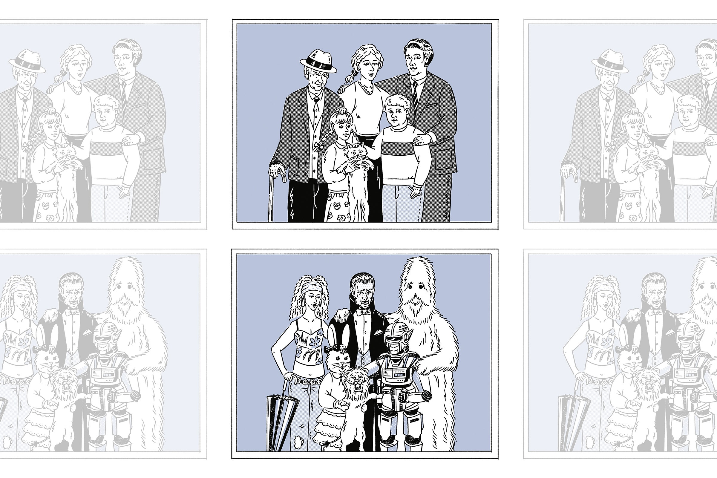 Uma ilustração cômica de um retrato de família, que mostra cinco pessoas vestidas com roupas comuns e um segundo retrato.