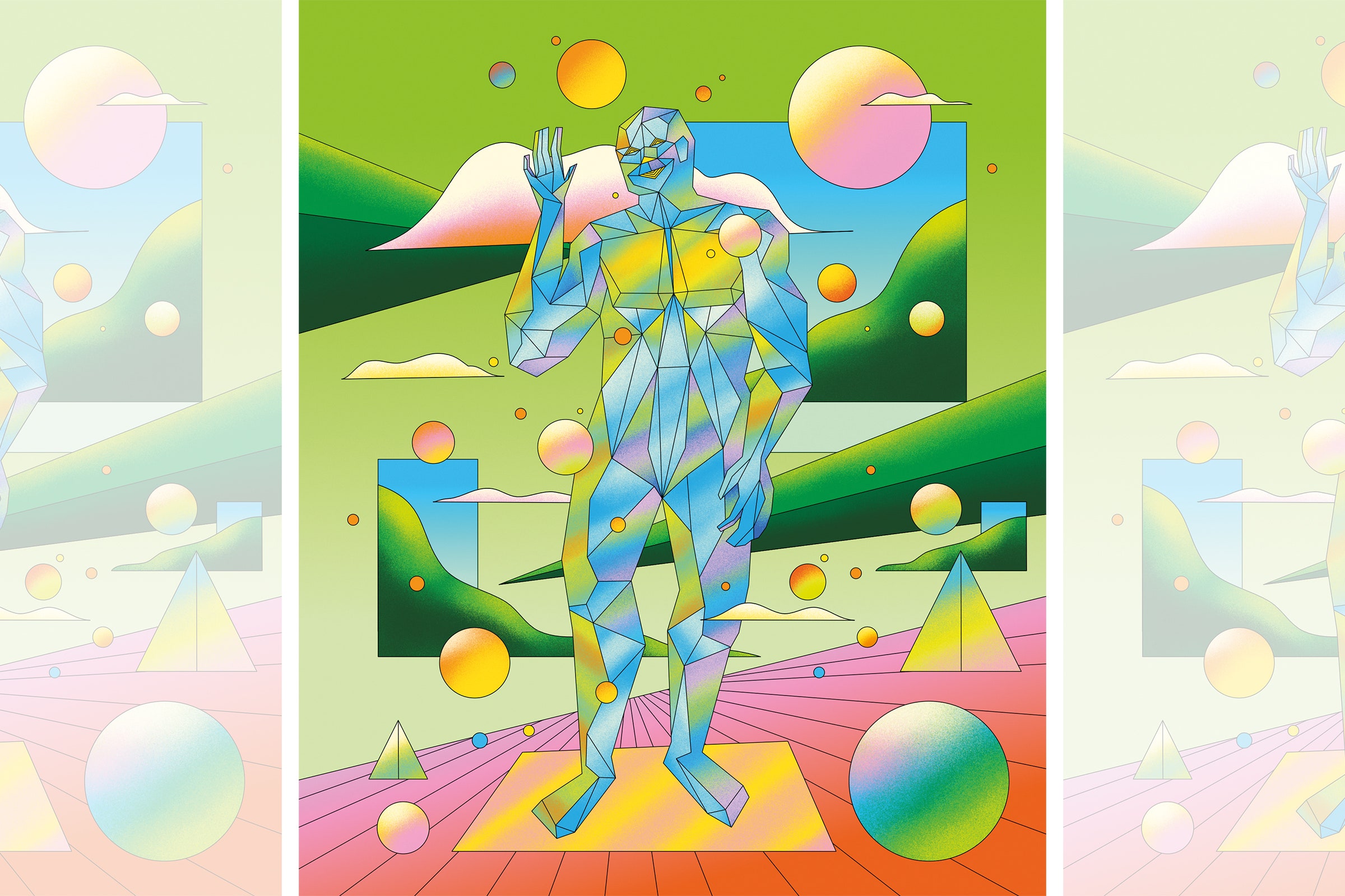 Ilustração da figura geométrica de um robô humanóide com uma paisagem abstrata de texturas e formas em segundo plano