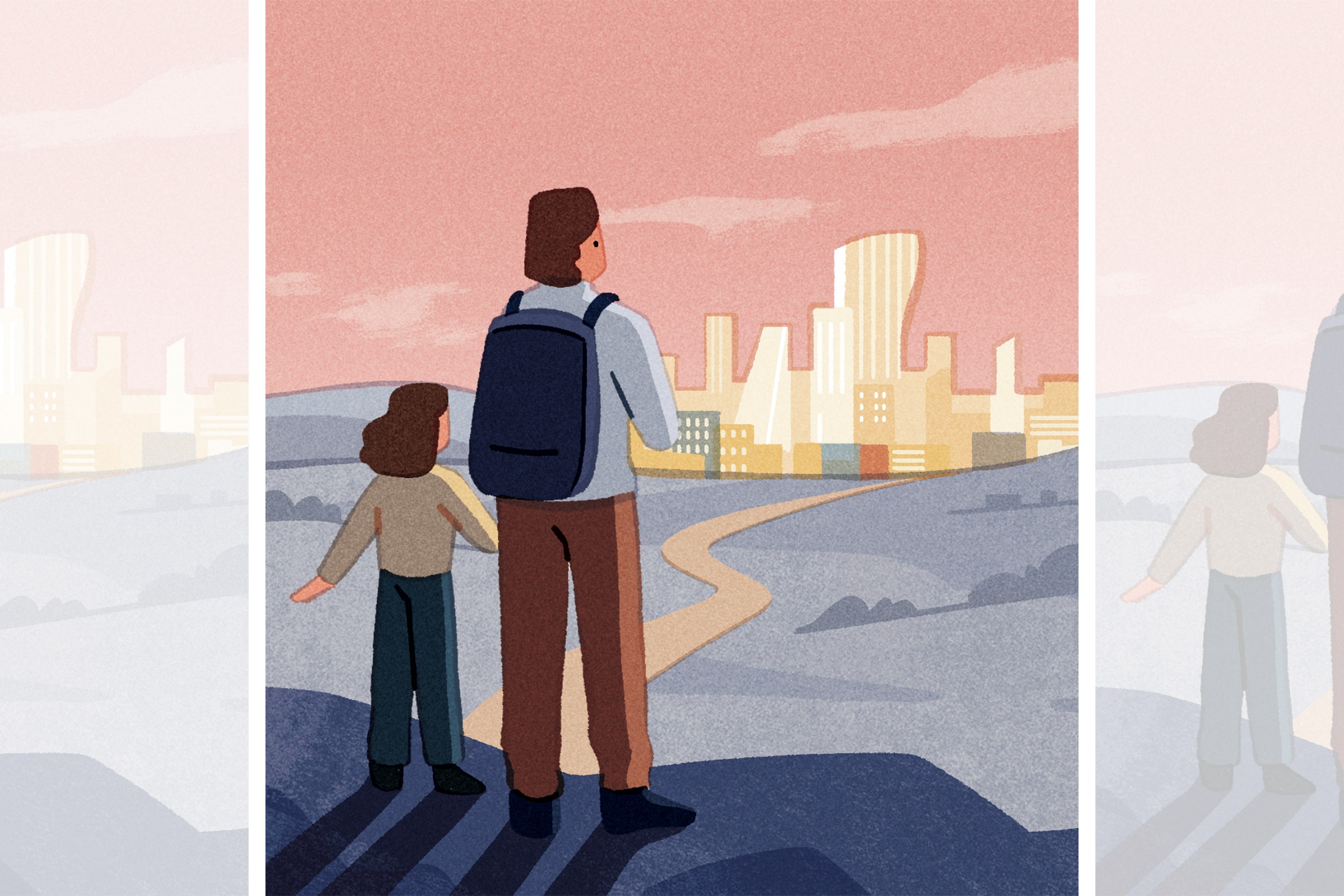 Ilustração de um adulto e uma criança olhando para a paisagem da cidade à distância