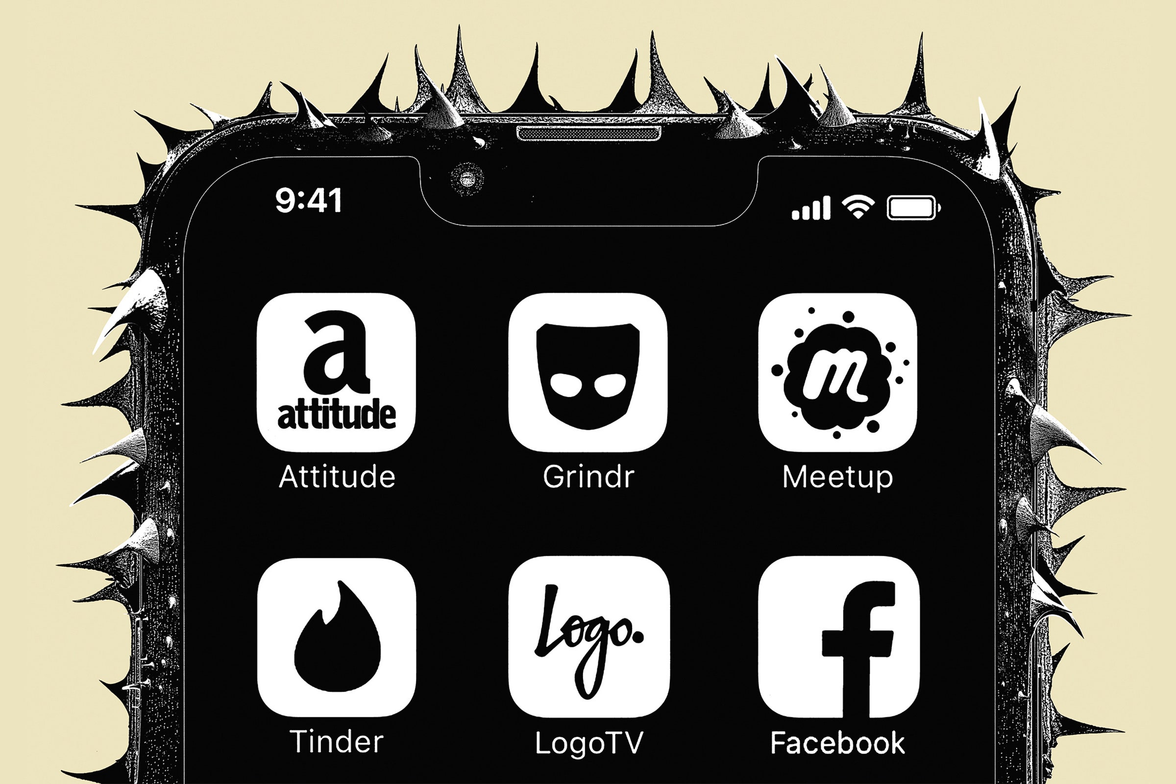 Ilustração fotográfica de um estojo para um telefone com picos e aplicativos visíveis na tela Grindr do Facebook Tinder Tinder Logotv.
