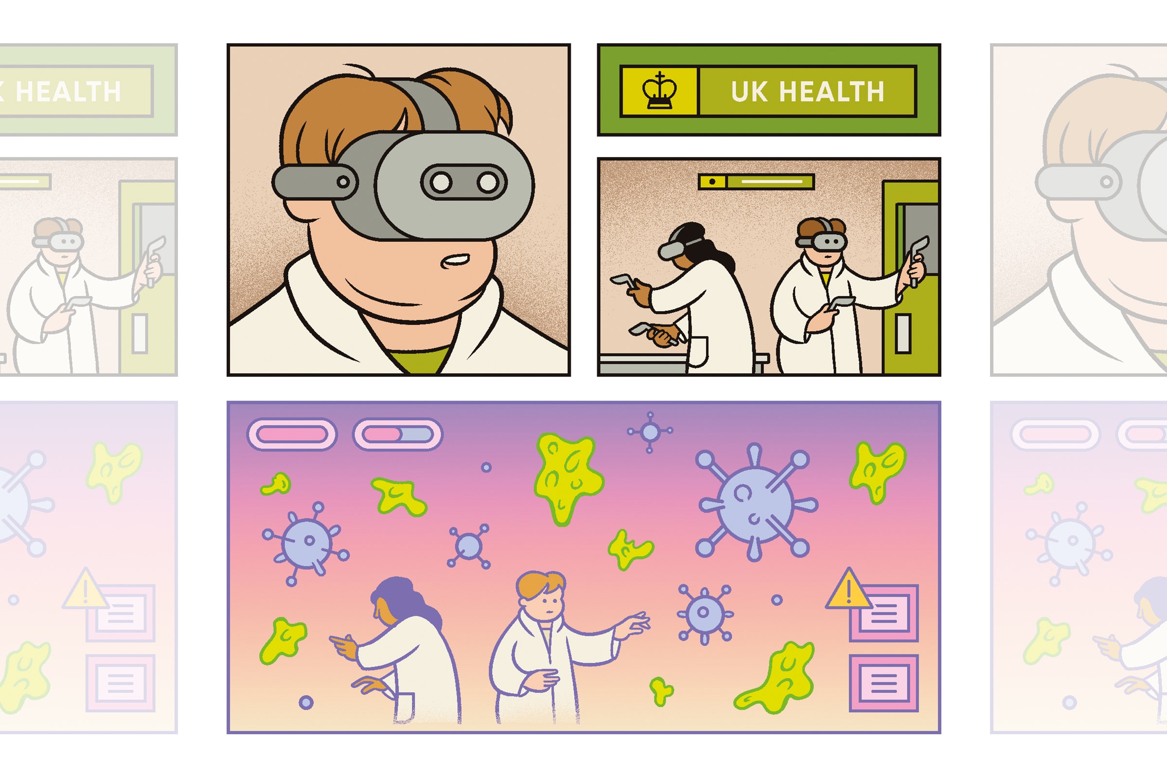 Uma ilustração demonstrando o uso de pesquisadores médicos de VR em uma instituição médica
