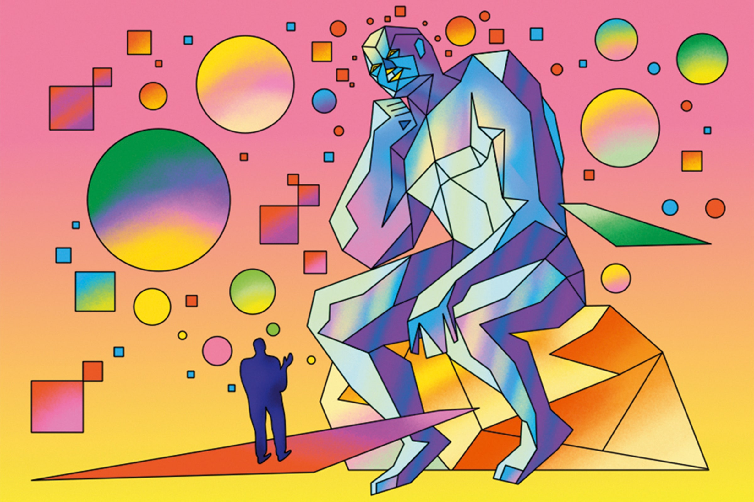 Ilustração de uma figura geométrica gigante em uma pose atenciosa cercada por círculos, quadrados e ... coloridos e ...