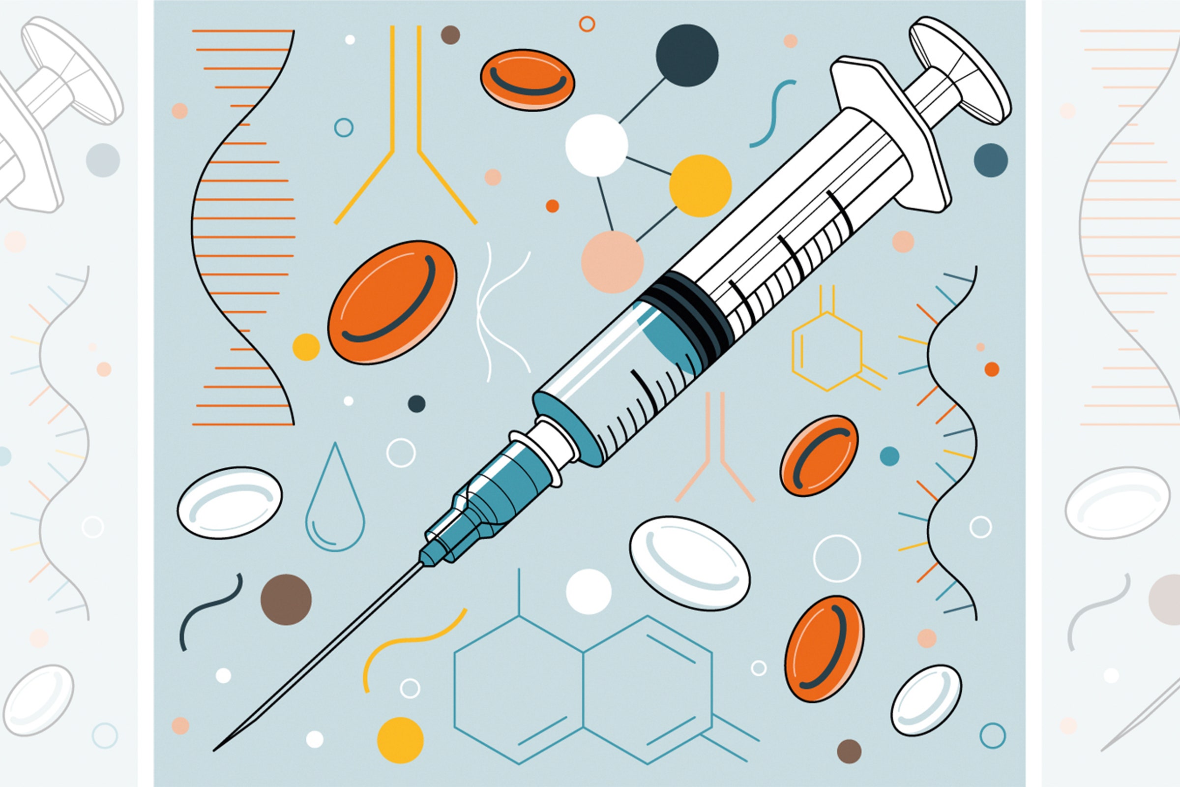 O conceito de ilustração médica com a imagem de comprimidos, símbolos de compostos químicos, gotículas de DNA e seringa