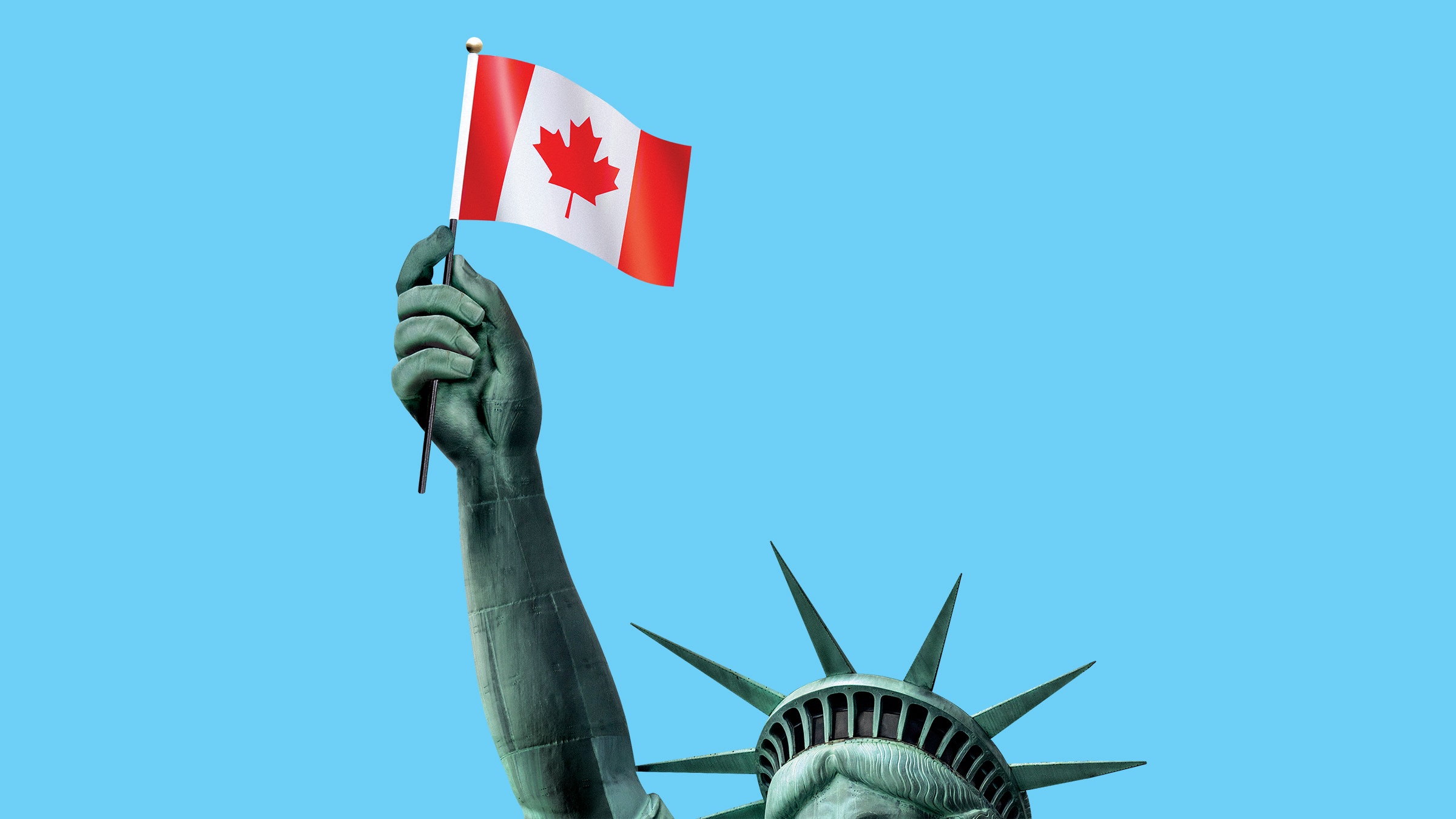 ilustração da Estátua da Liberdade segurando uma bandeira canadense