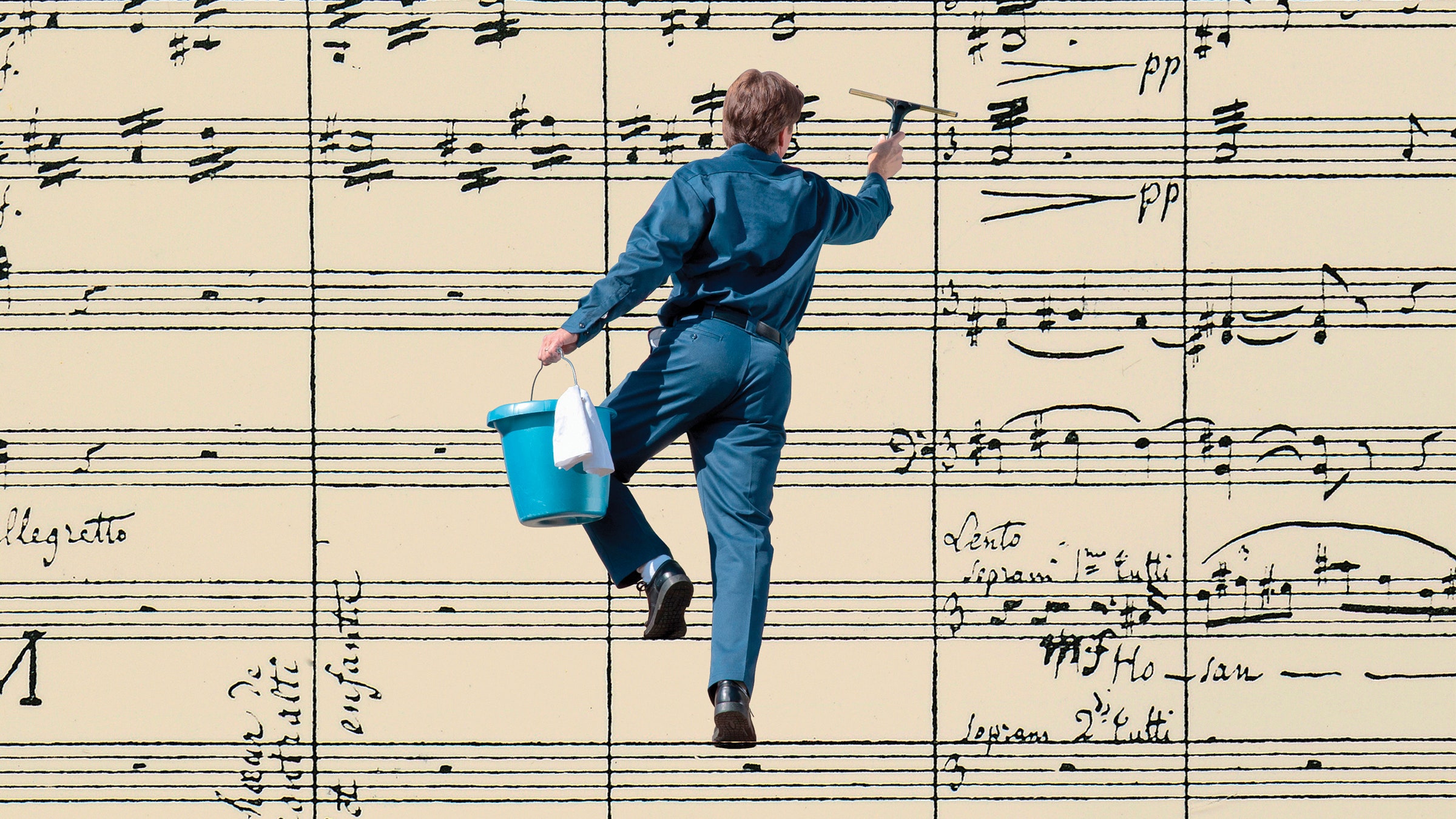 Ilustração de um homem limpando janelas com notas musicais ao fundo