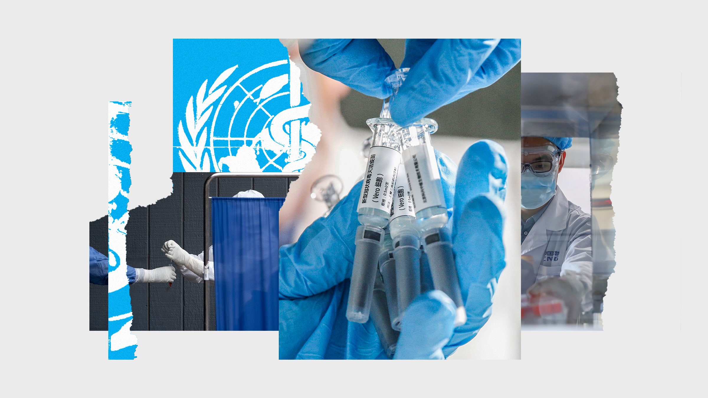 Colagem de vacinas imagens cientistas em laboratórios iconografia da Organização Mundial da Saúde