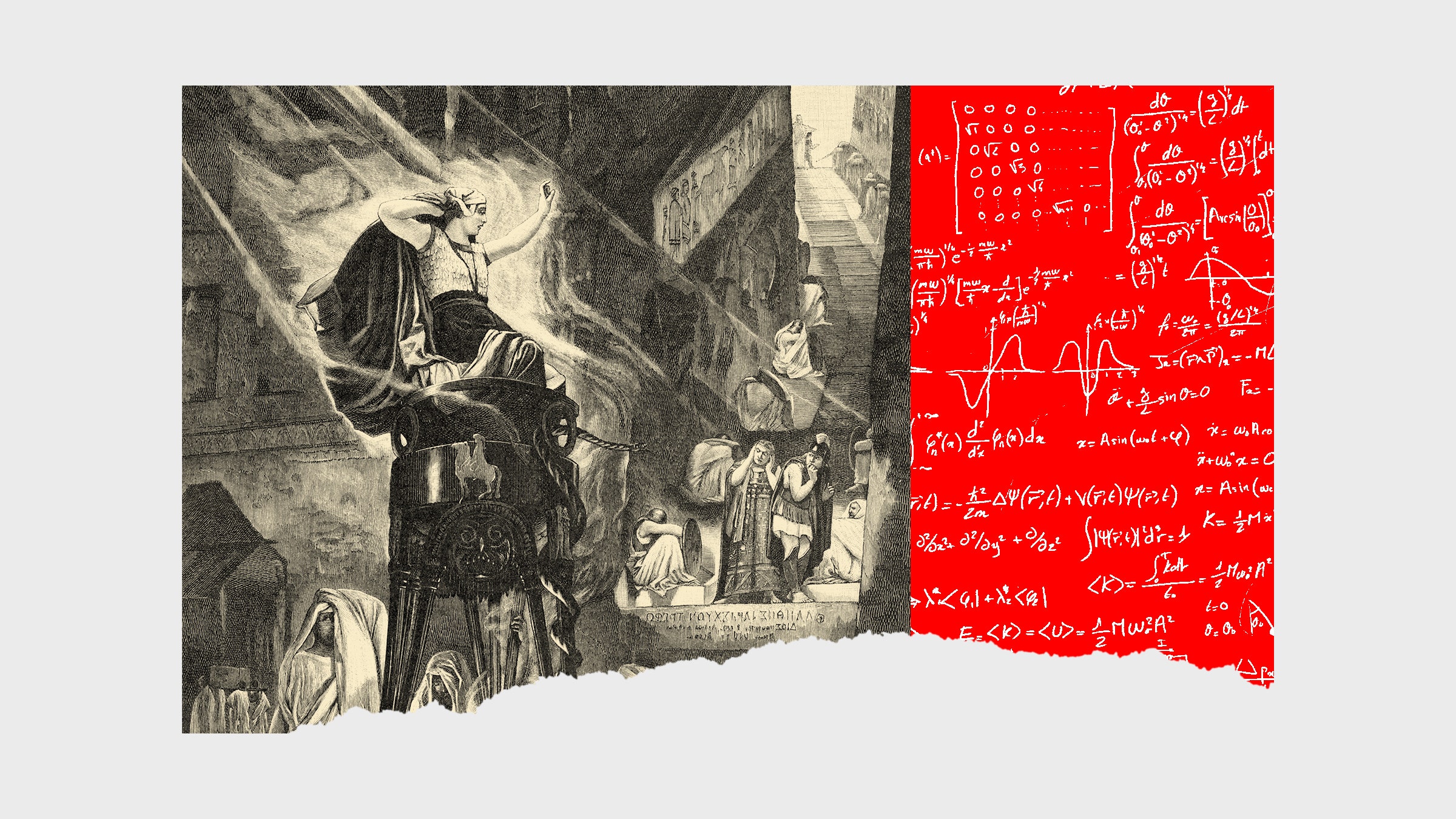Colagem de ilustração do Oráculo de Delfos e equações algorítmicas