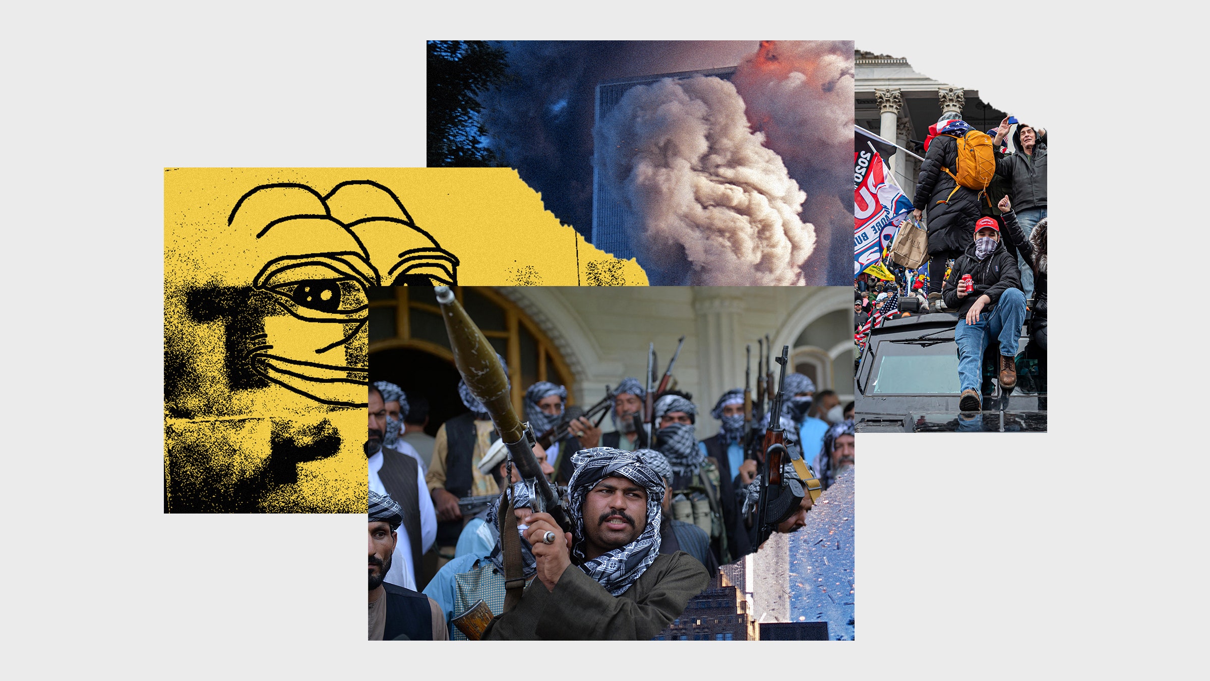 Colagem de imagens de combatentes do Taleban, Pepe, o sapo 911, e manifestantes Altrite