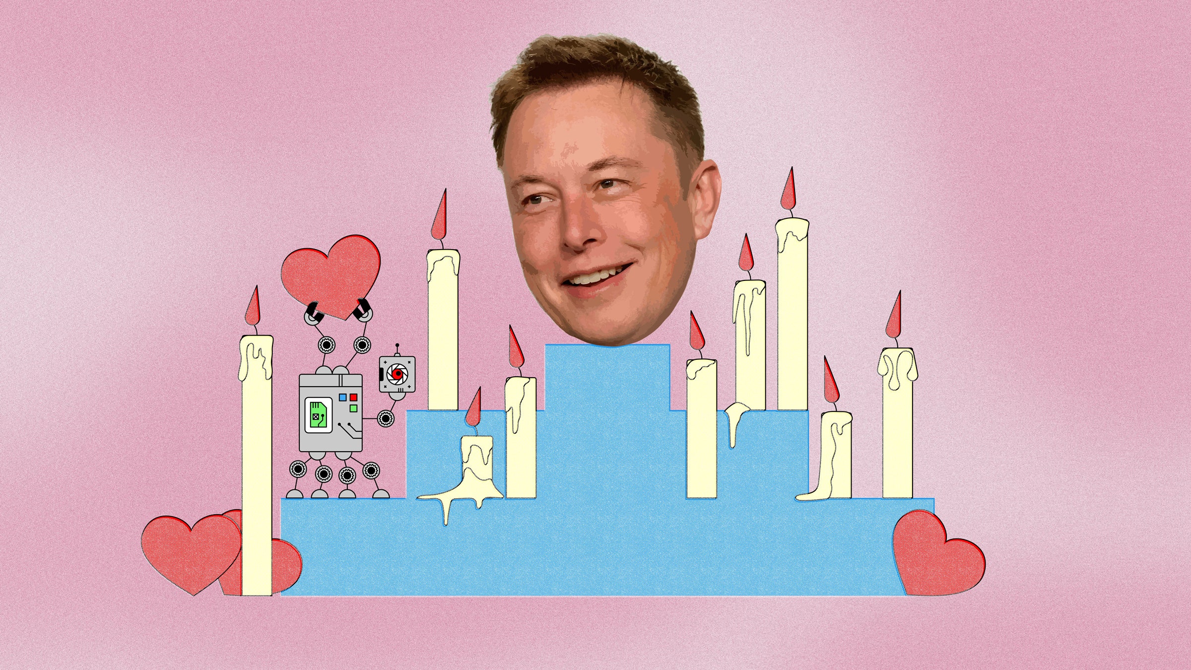 A cabeça de Elon Musk em um altar com velas e um bot segurando um coração