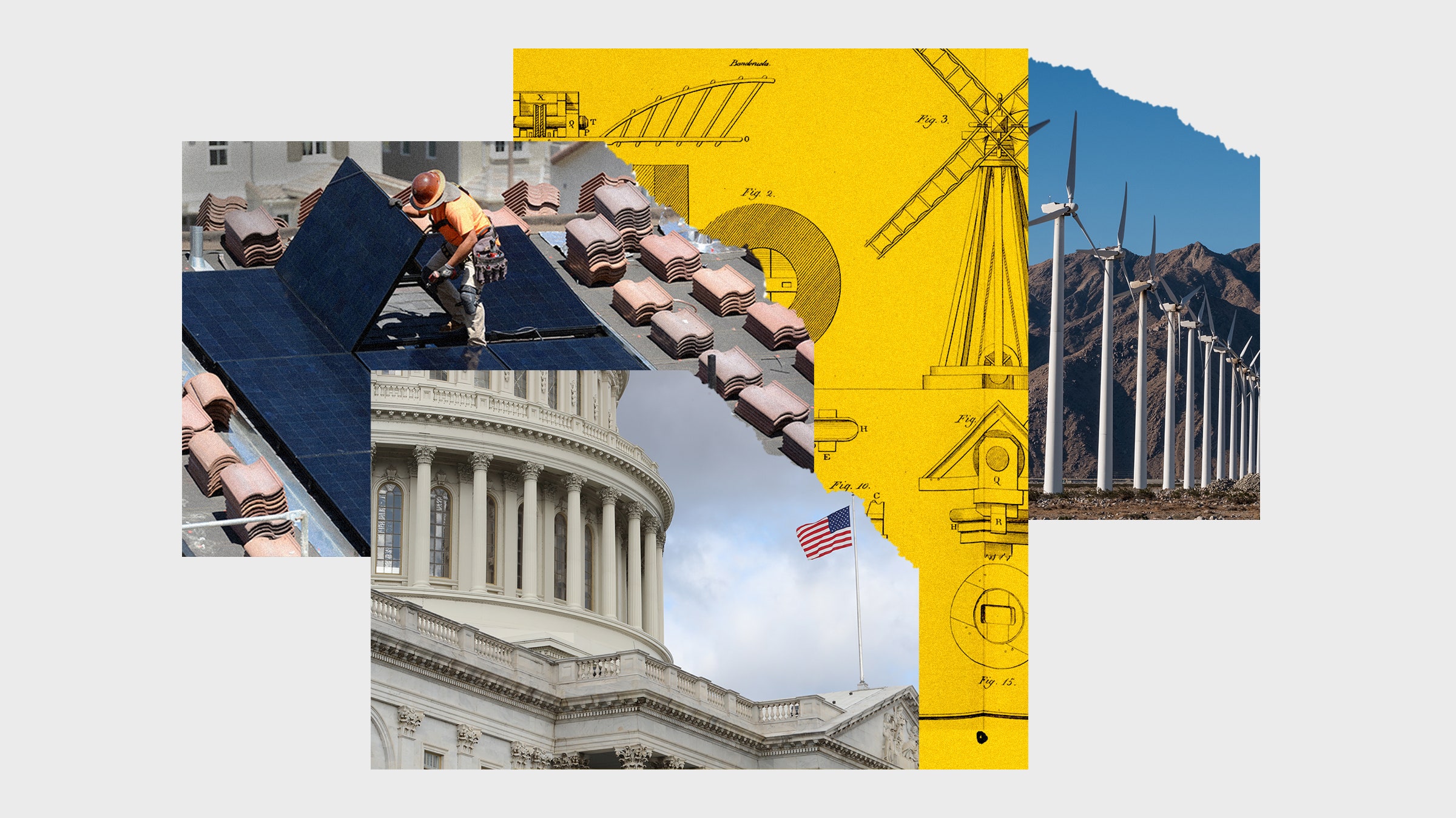 Colagem das imagens do Capitólio dos Estados Unidos e várias tecnologias de energia verde