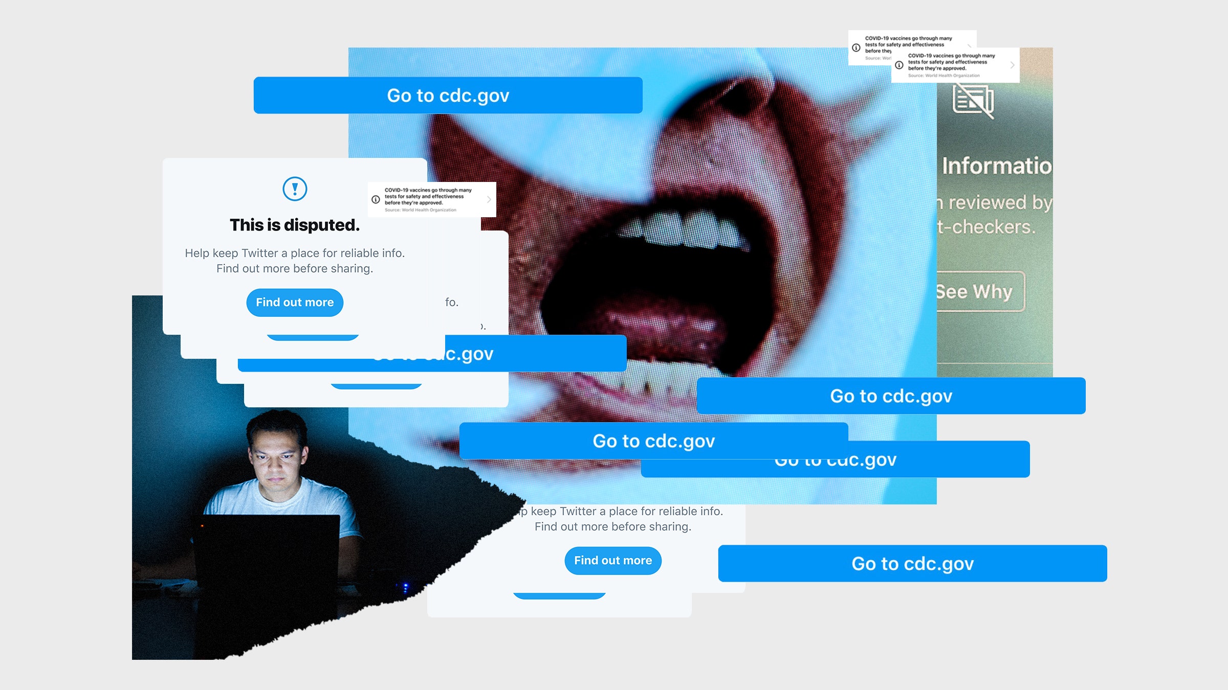 Colagem de imagens de uma pessoa com o logotipo de Trump no Twitter em um computador e mensagens pop-up sobre desinformação nas redes sociais