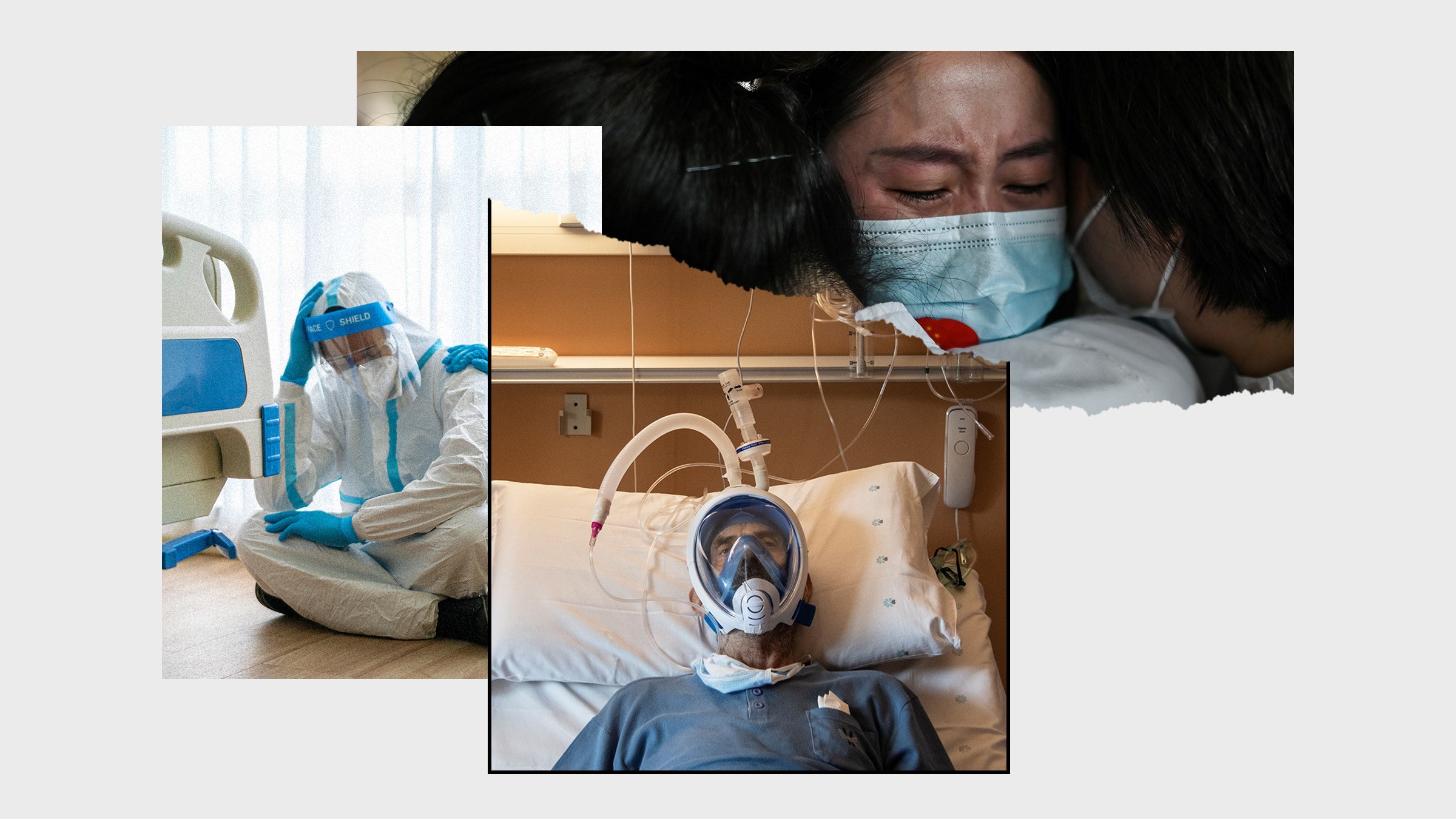 Colagem de imagens de enfermeiras confusas e pacientes da UTI Covid