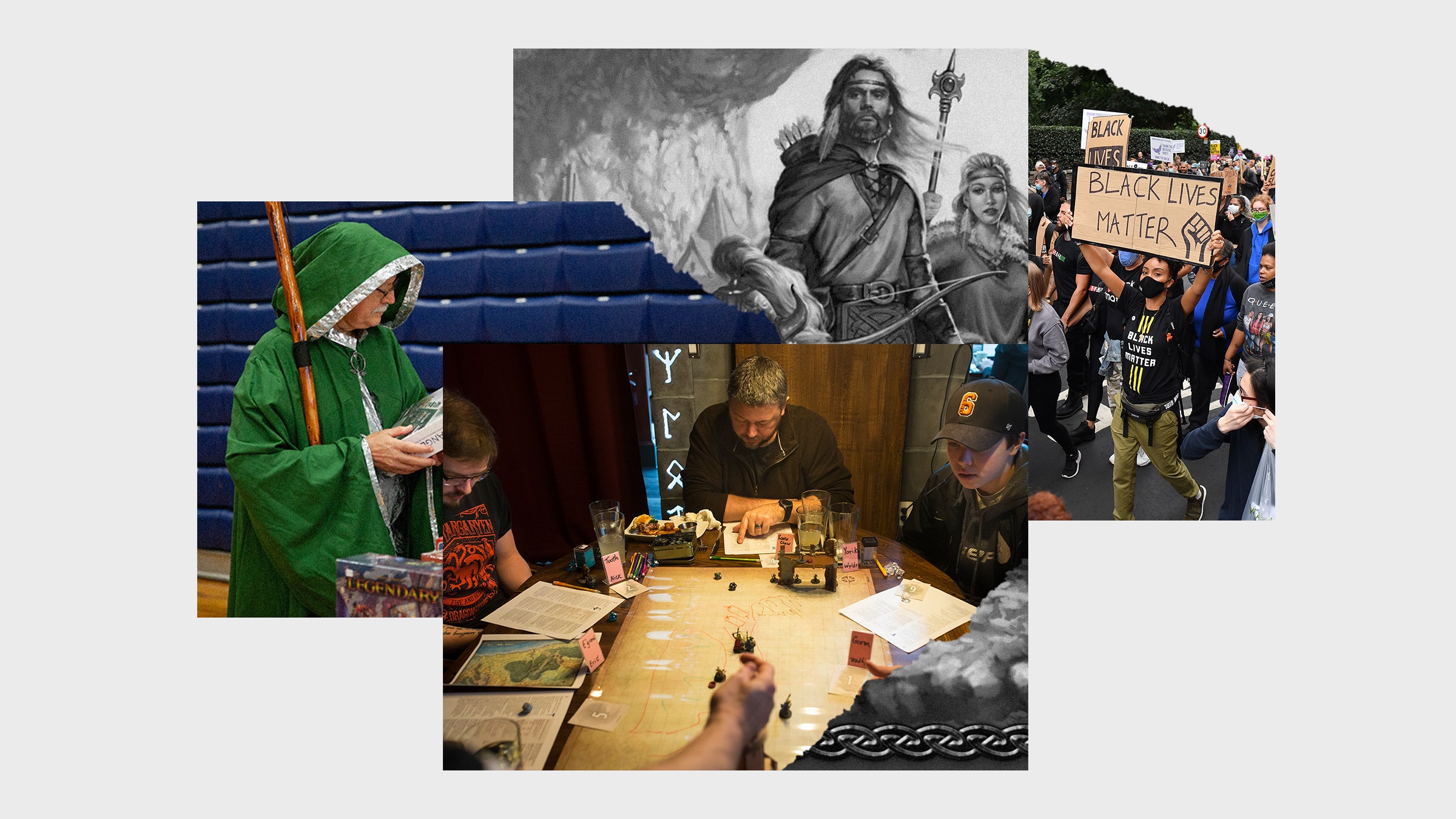 Colagem de imagens de pessoas que jogam Dungeons Dragons, Fantasy-Art e Protest Black Lives Matter
