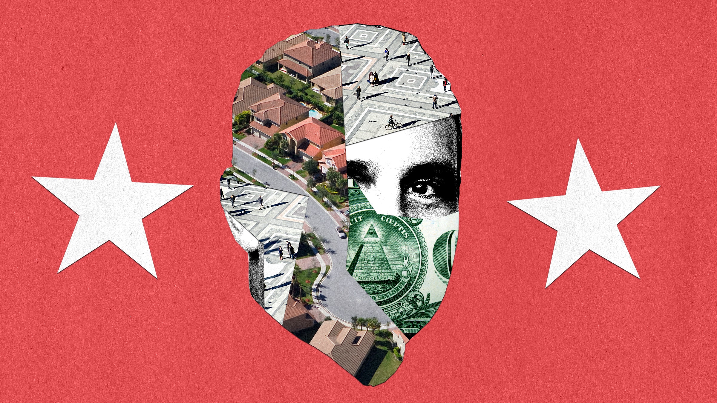 Um retrato de colagem de uma pessoa composta por imagens de casas, pessoas e dinheiro