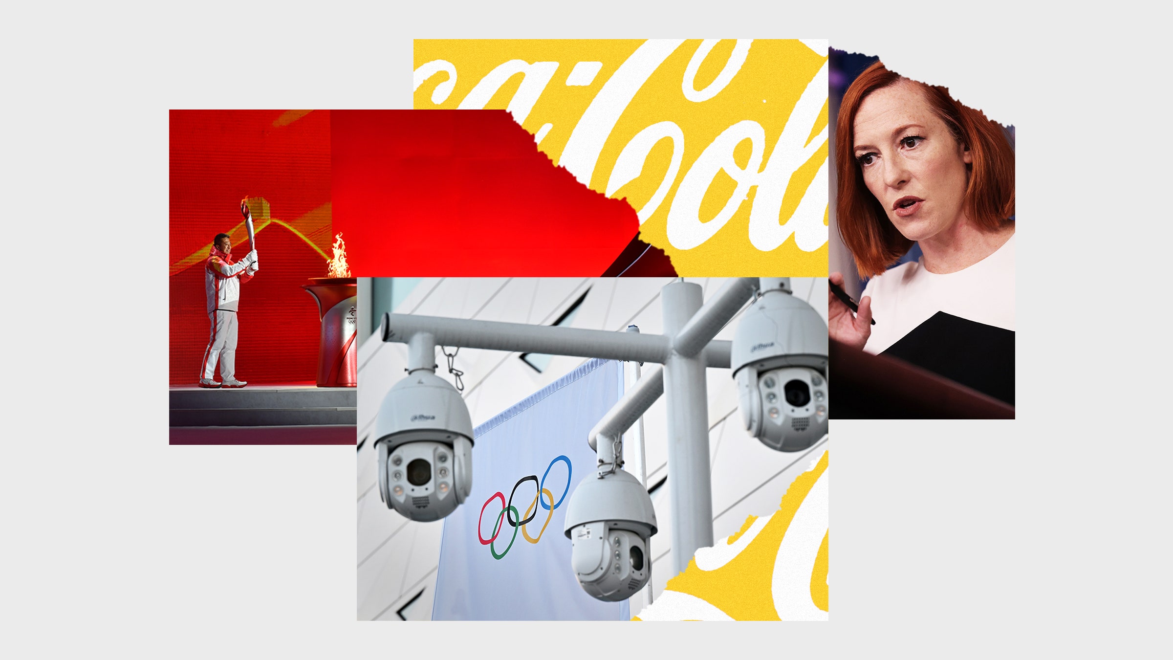 Colagem de tiros das câmeras de vigilância Jen Psaki em frente aos Rings Olímpicos Tocha Olímpica e Cocacola