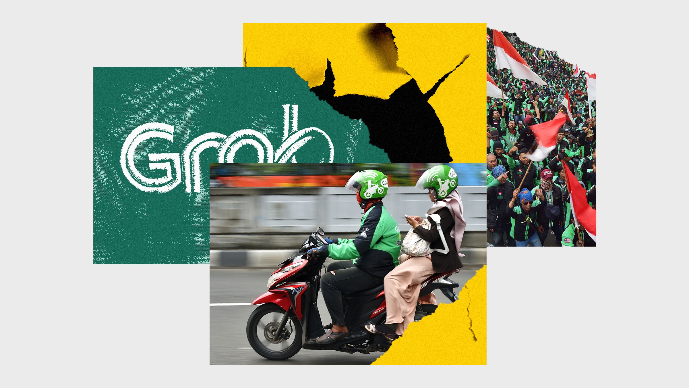 Uma colagem de imagens de um papel rasgado de motocicletas com taxistas de protesto e um logotipo de Grab