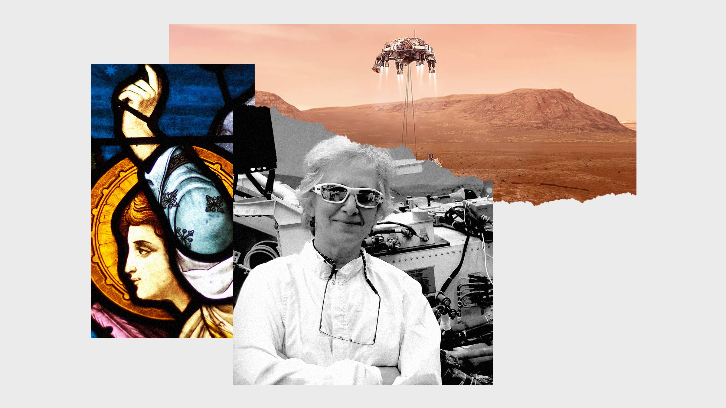 Colagem de imagens do rover Perseverance de Pamela Conrad e vitrais religiosos