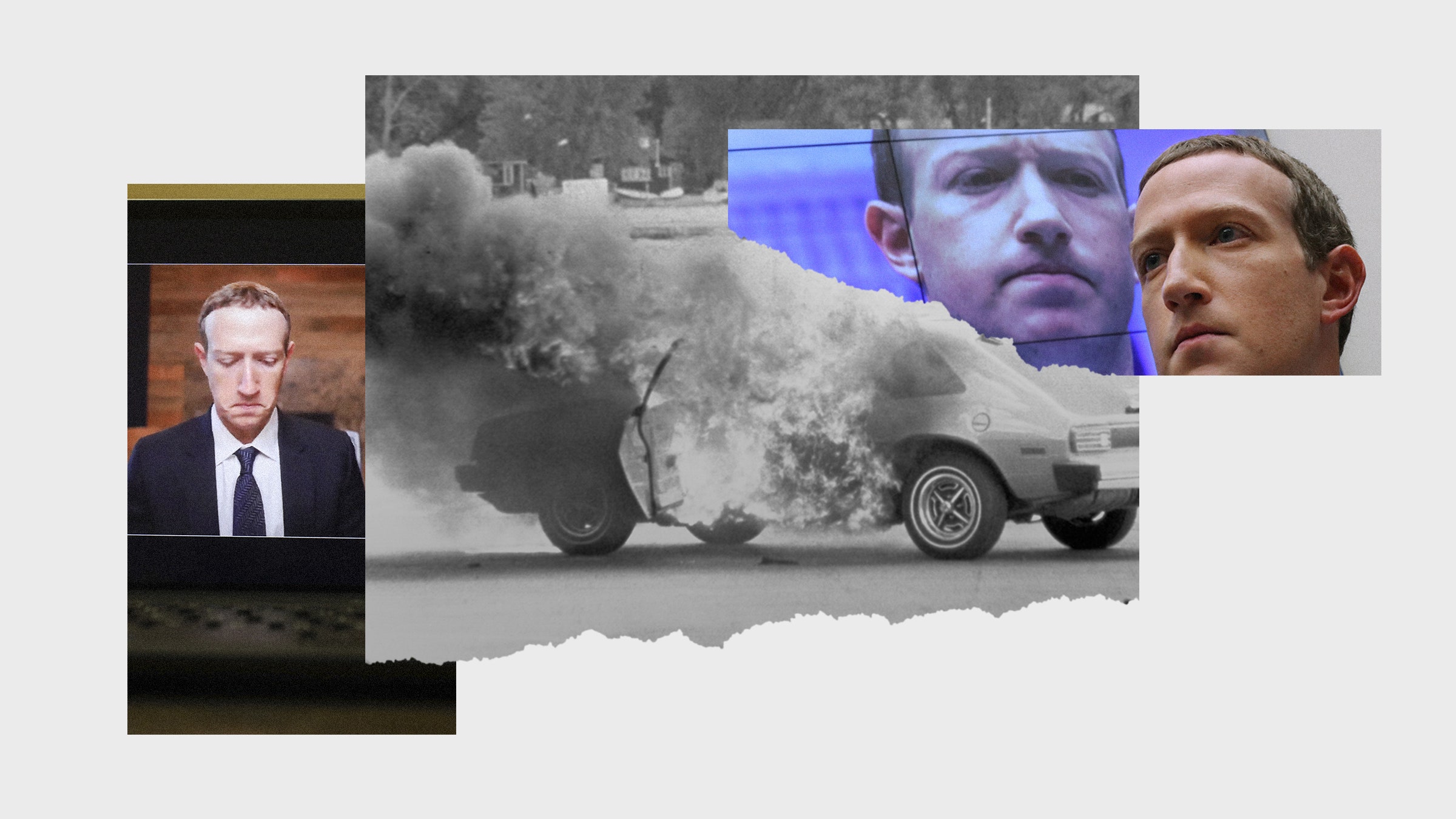 Colagem de imagens de Mark Zuckerberg e imagem vintage de um carro em chamas