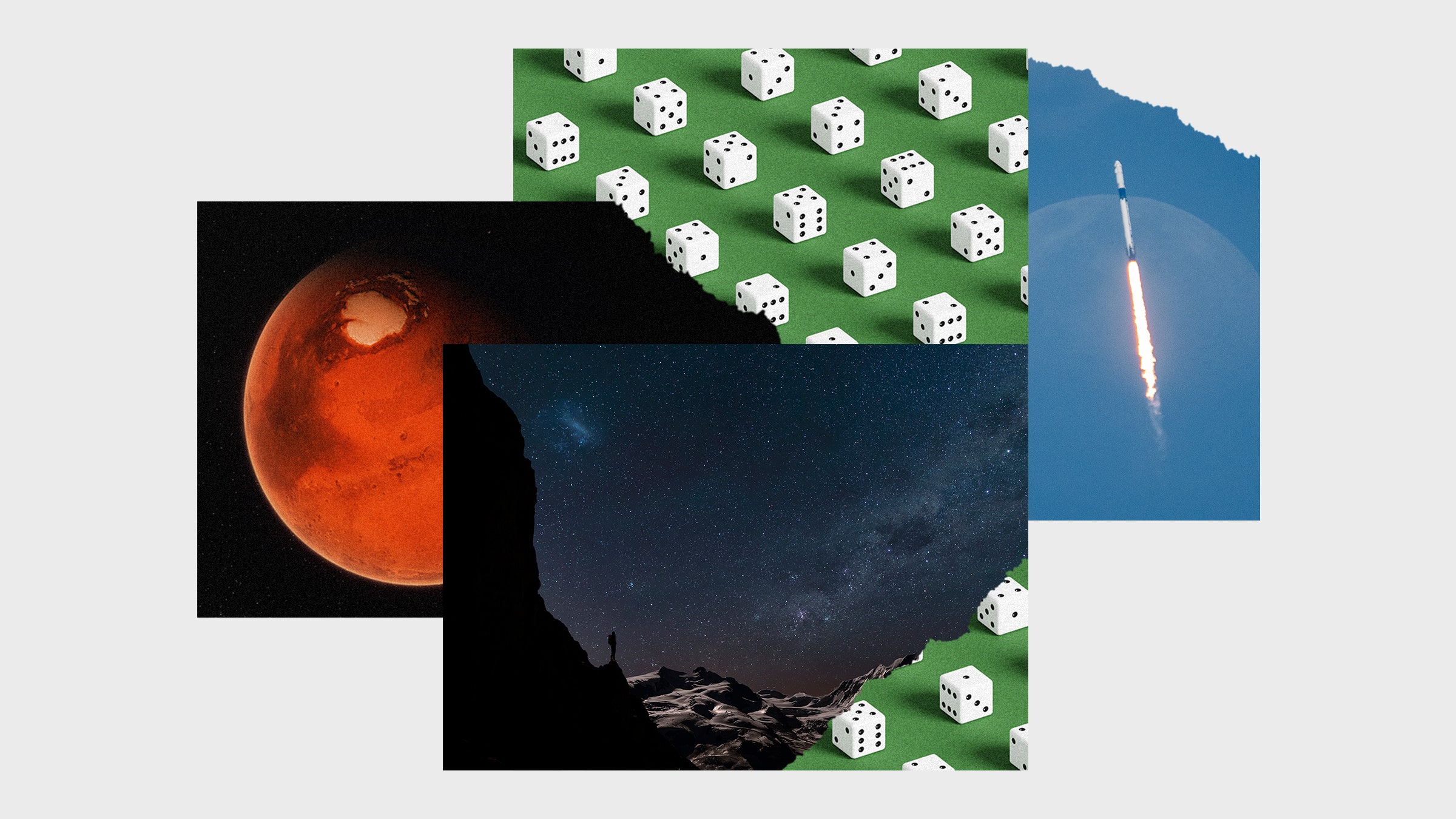 Colagem de imagens de cubos de jogo, lançando o míssil marciano e paisagens espaciais