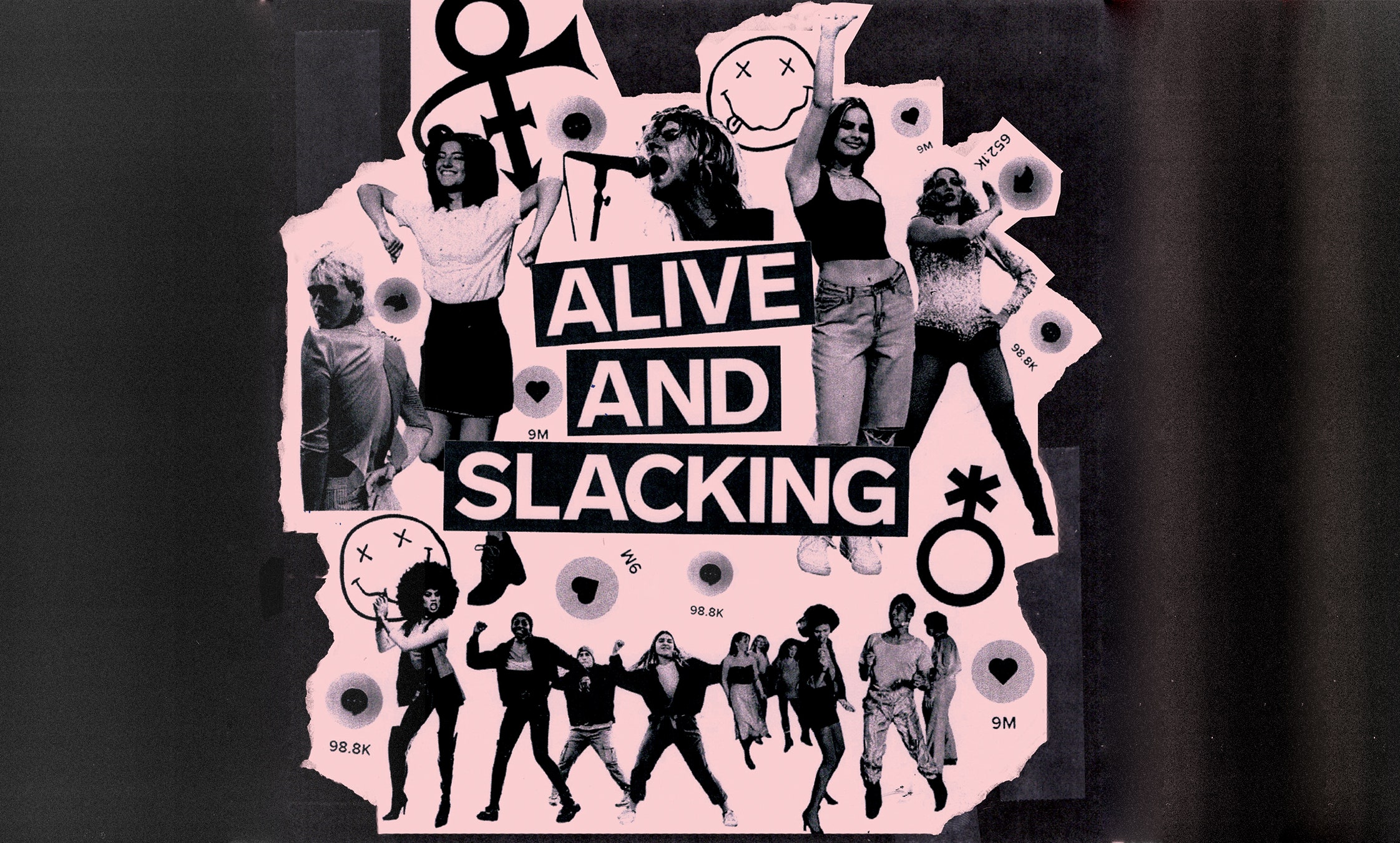 Colagem de imagens dos dançarinos da geração Z e celebridades da geração X no estilo do punk dos anos 90. Leia de texto: Alive e Slackking