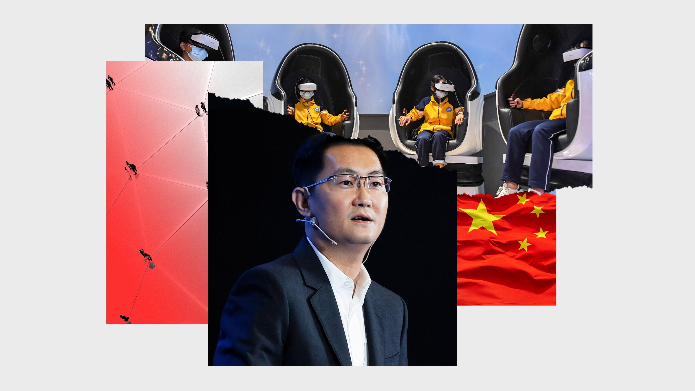 Colagem de fotos das crianças Pony Ma Huateng usando óculos de realidade virtual com bandeira chinesa