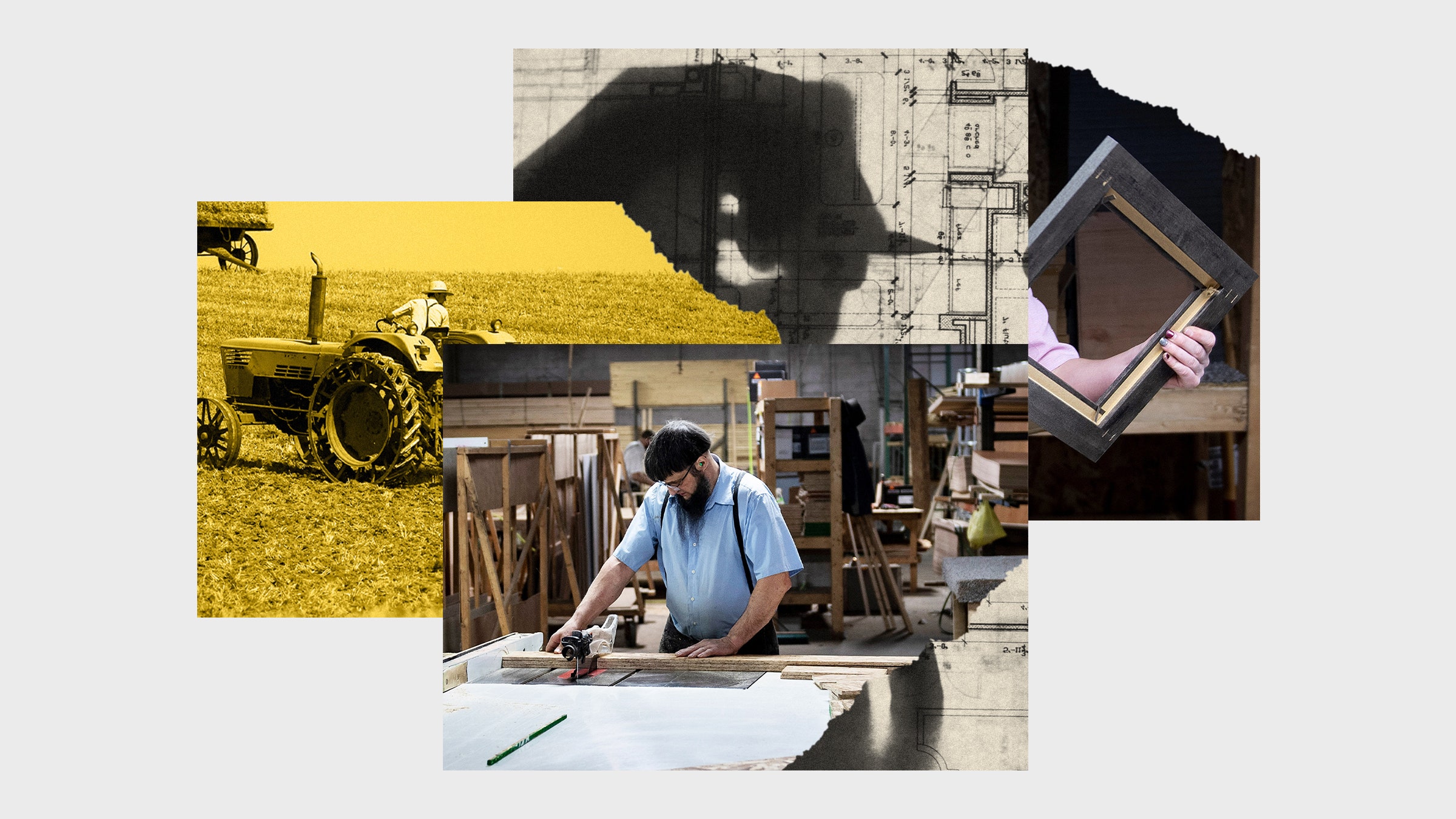 Colagem de fotos com um marceneiro Amish, um homem dirigindo um trator e um desenho