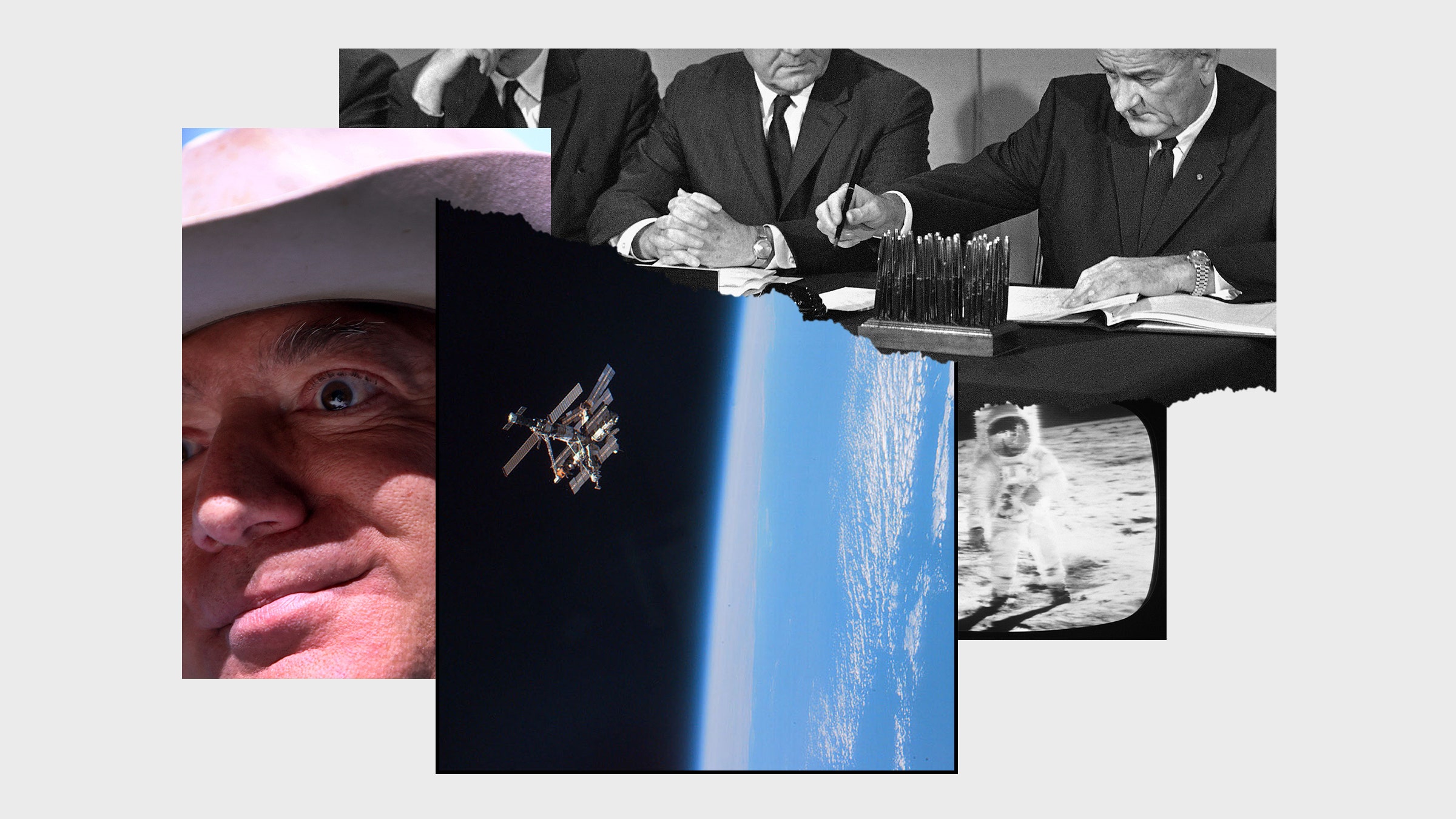 A colagem das imagens do desembarque de Jeff Bezos para a Lua do Satélite e funcionários do governo assinando contratos
