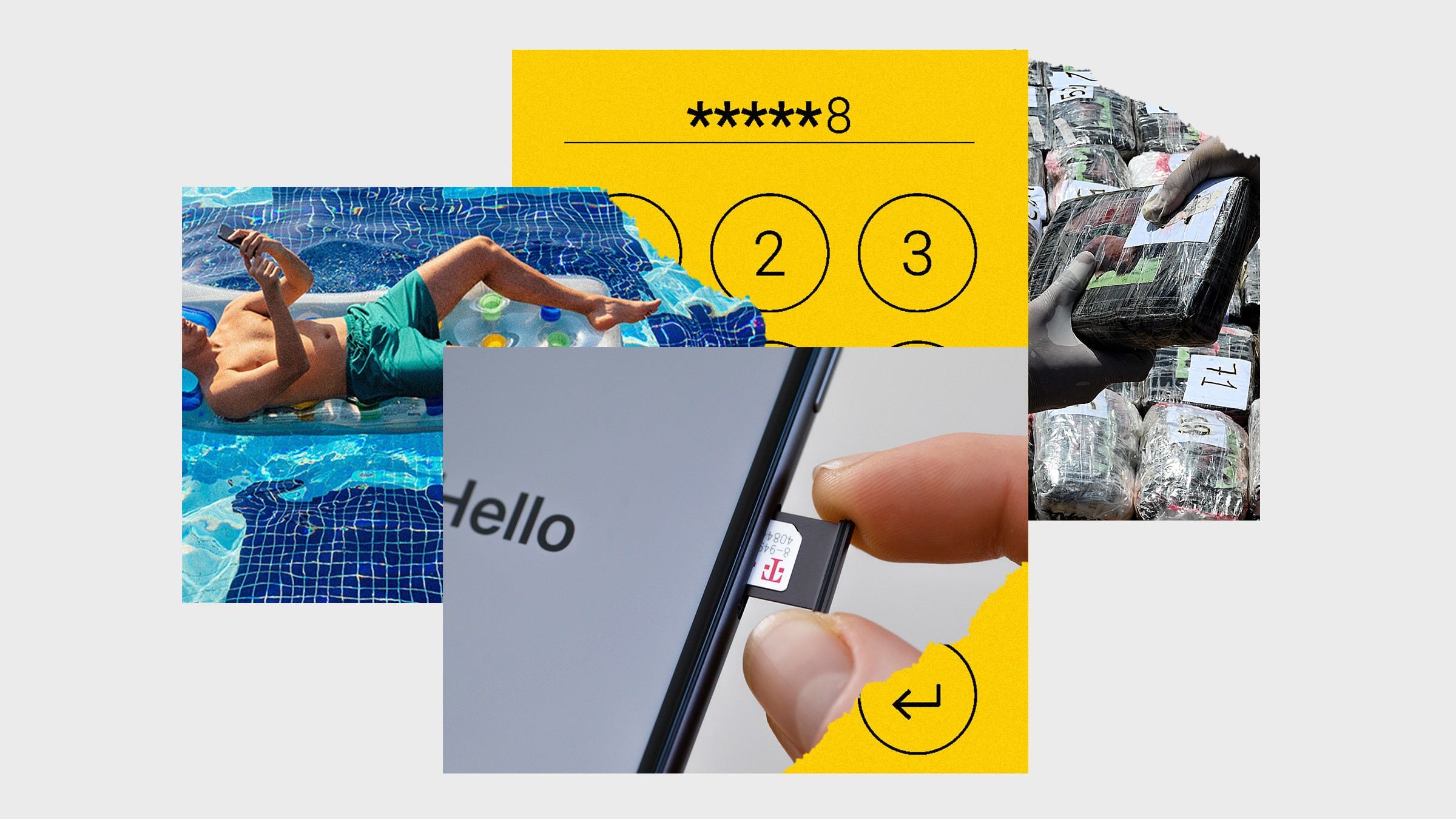 Colagem de imagens do cartão SIM do número de telefone de uma pessoa em uma piscina ao telefone e tráfico de drogas