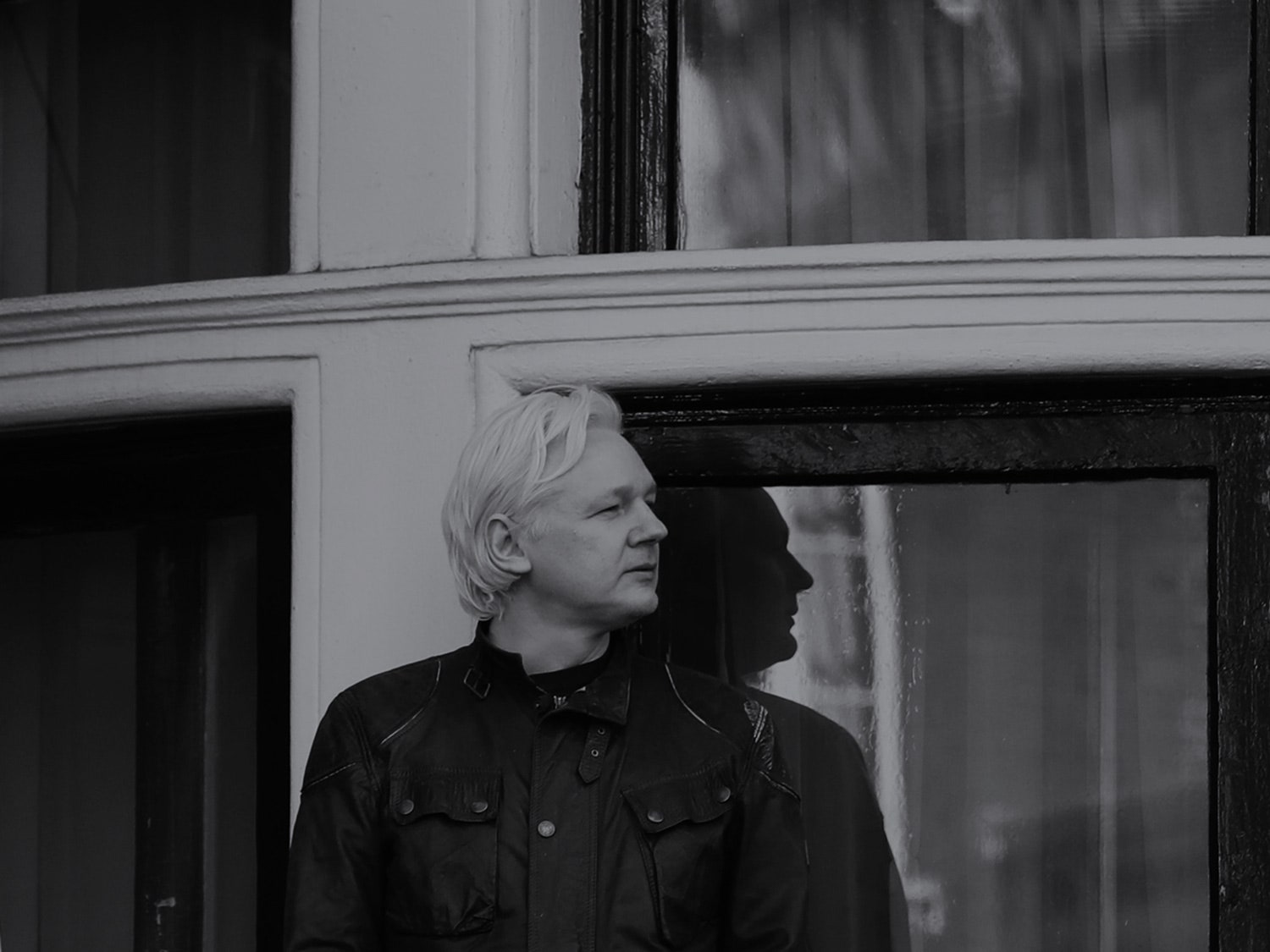 Assange em frente à janela