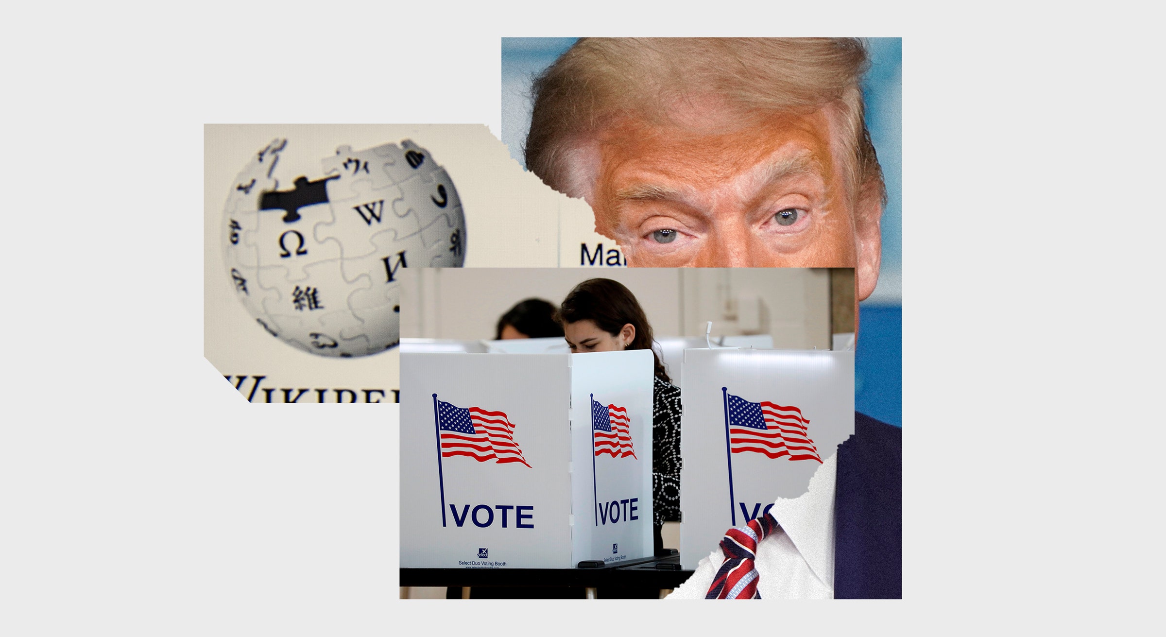 cabine de votação eleitoral Os olhos de Trump e o logotipo da Wikipedia