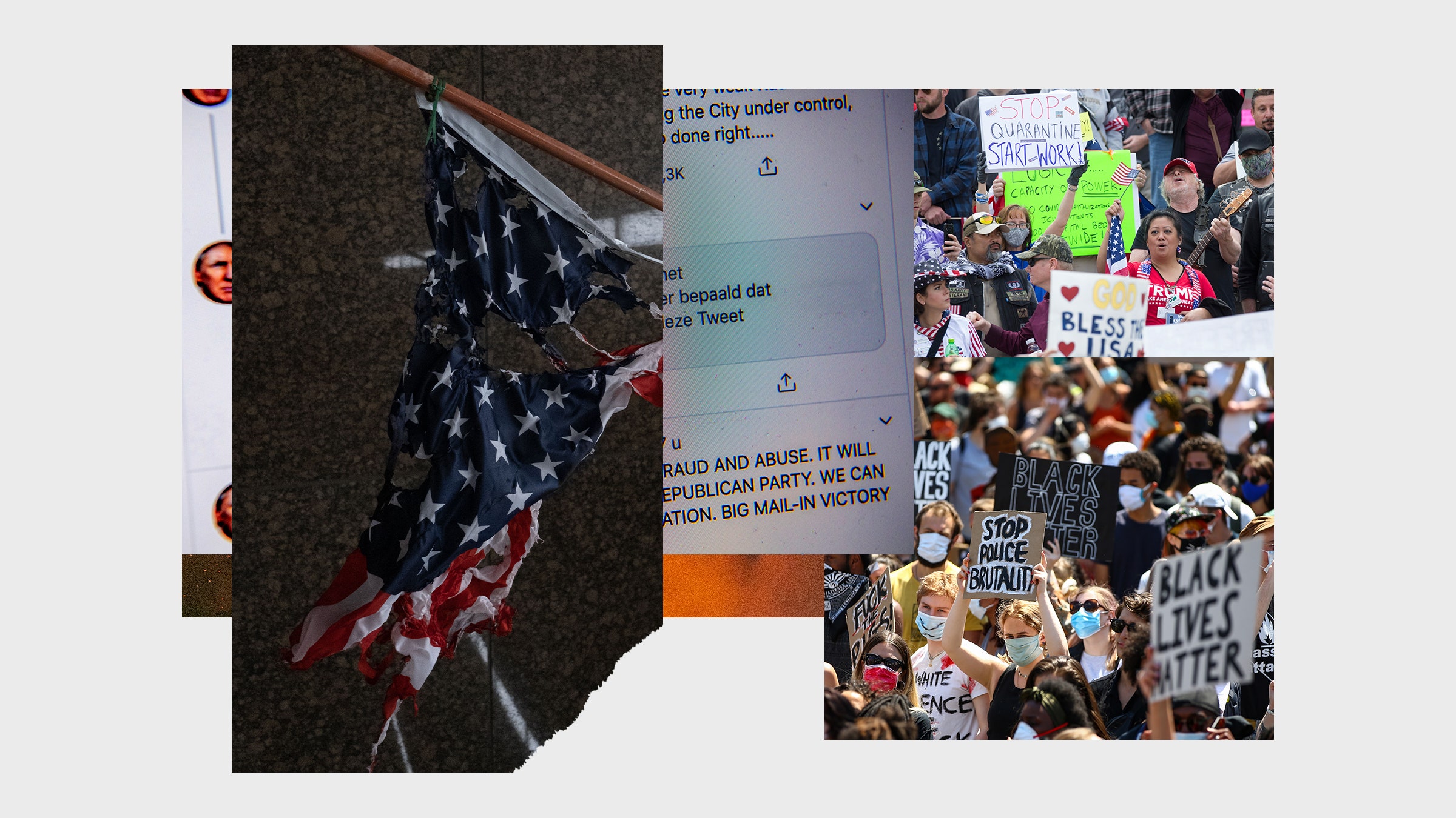 Colagem de vários protestos e tweets de Donald Trump