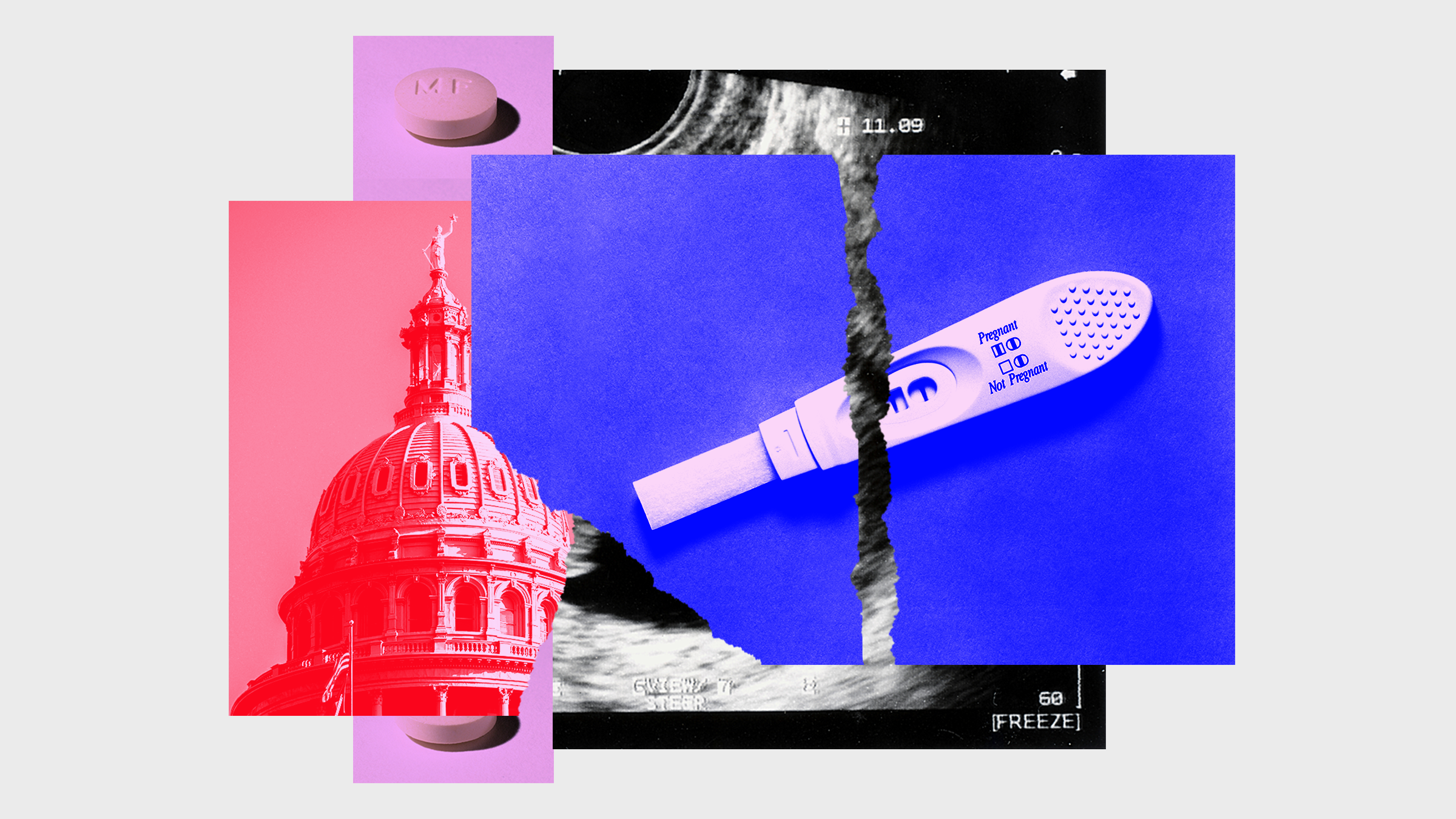 Colagem de fotos com imagens de pílulas do Capitólio do Estado do Texas, um teste de gravidez rasgado ao meio e um ultrassom.