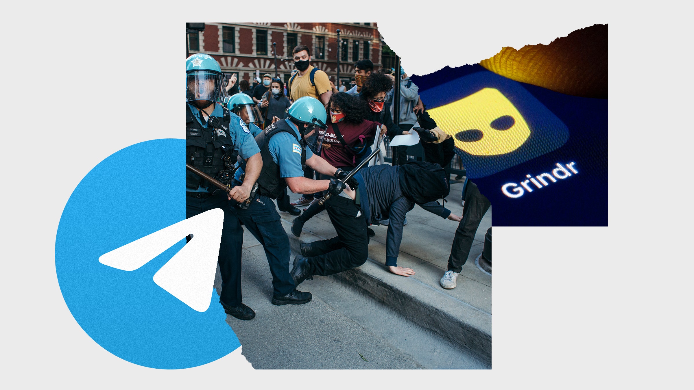 Colagem de imagens de policiais perseguindo manifestantes Ícone do aplicativo Grindr no telefone e logotipo do Telegram