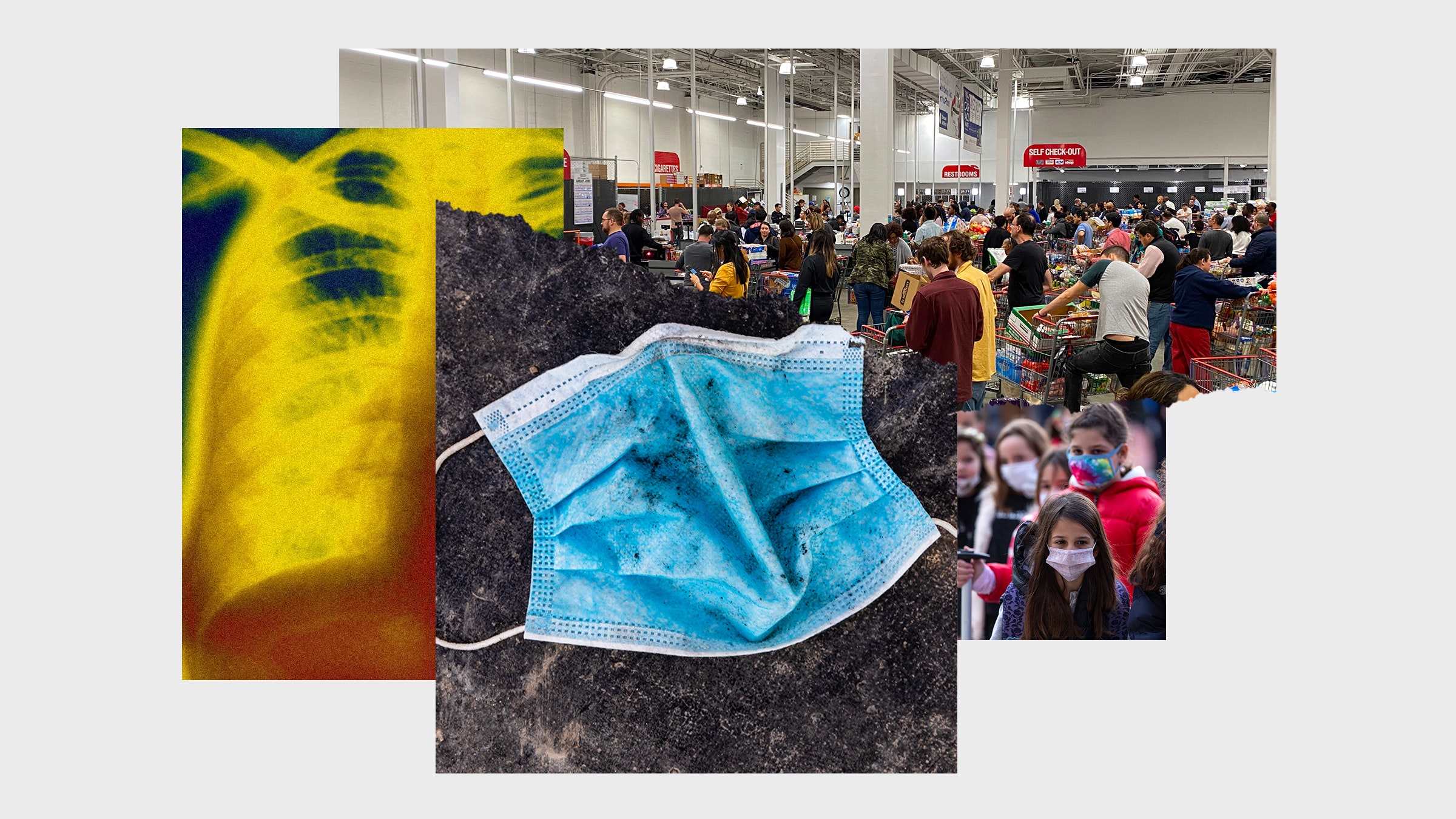 Colagem de imagens de máscaras descartadas, crianças leves digitalizadas em máscaras e um supermercado lotado