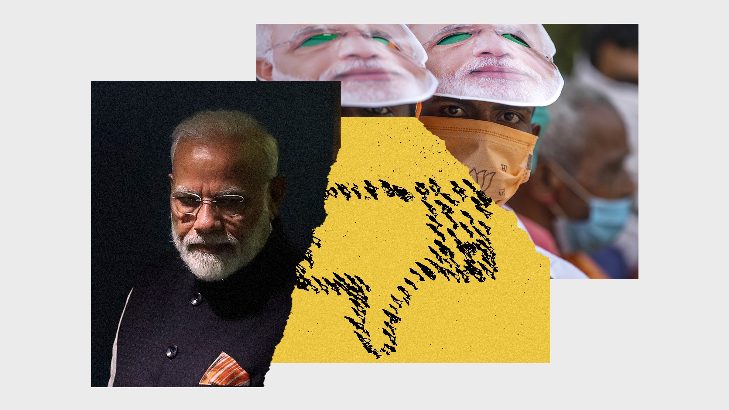 Colagem das imagens do primeir o-ministro de Modi, manifestantes indianos e botão invertido 