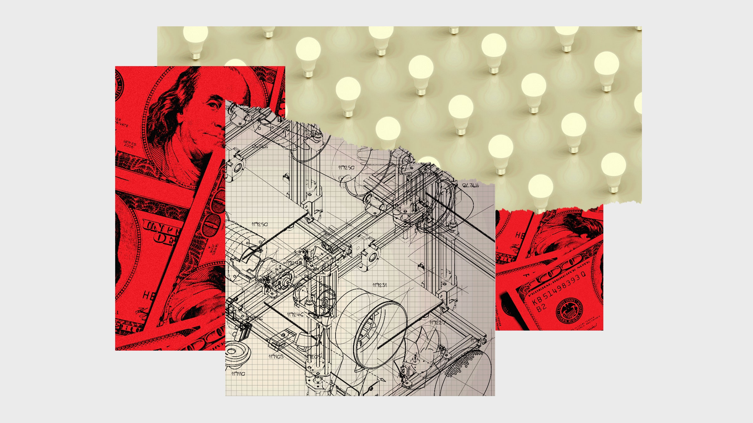Colagem de imagens de desenhos de patentes de dinheiro e lâmpadas