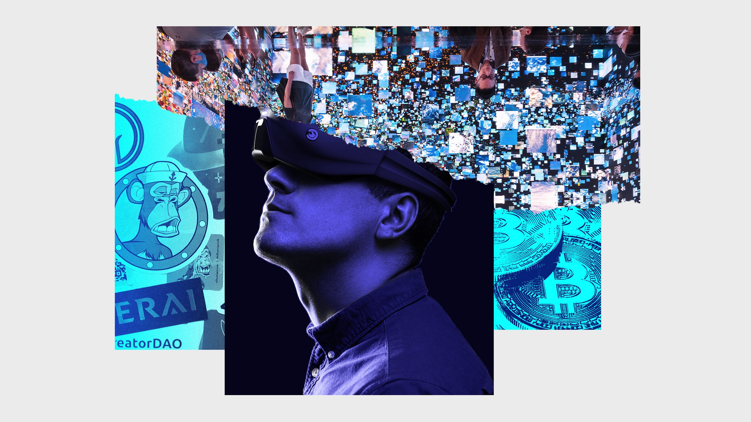 Colagem de fotos de uma pessoa que usa a harnação de VR como uma exposição de arte imersiva, vários adesivos de bitcoin e NFT