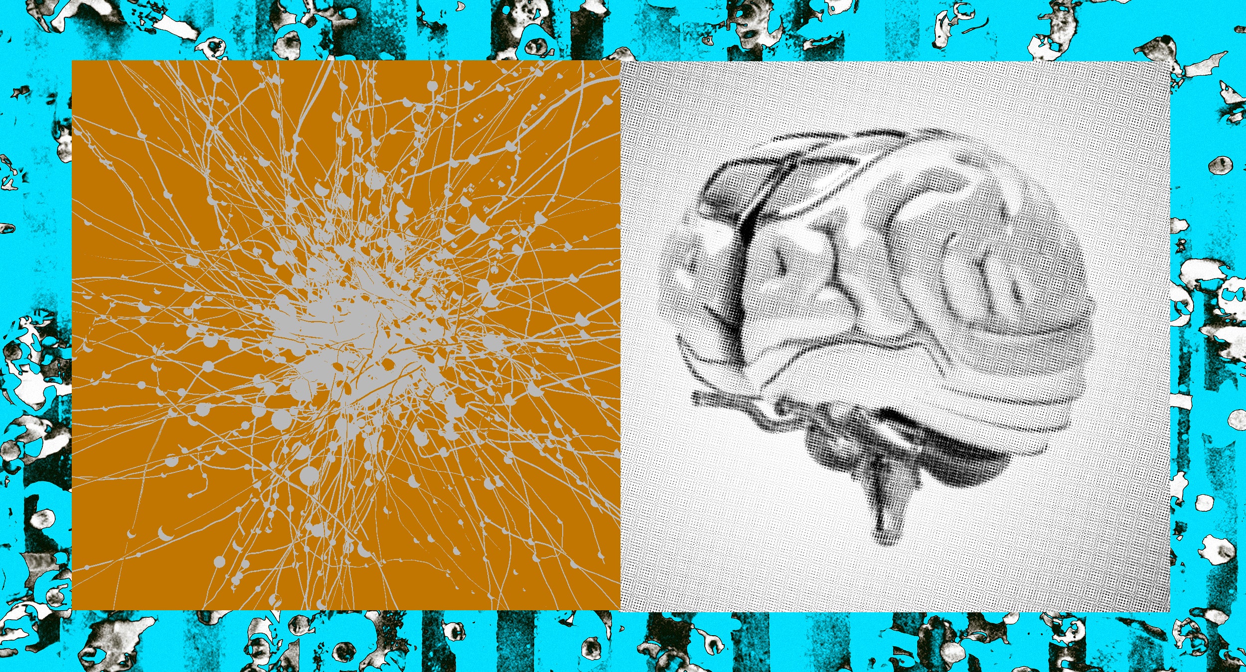 A imagem abstrata do cérebro preto e branco nas roscas direito e neural à esquerda em um fundo alternado.
