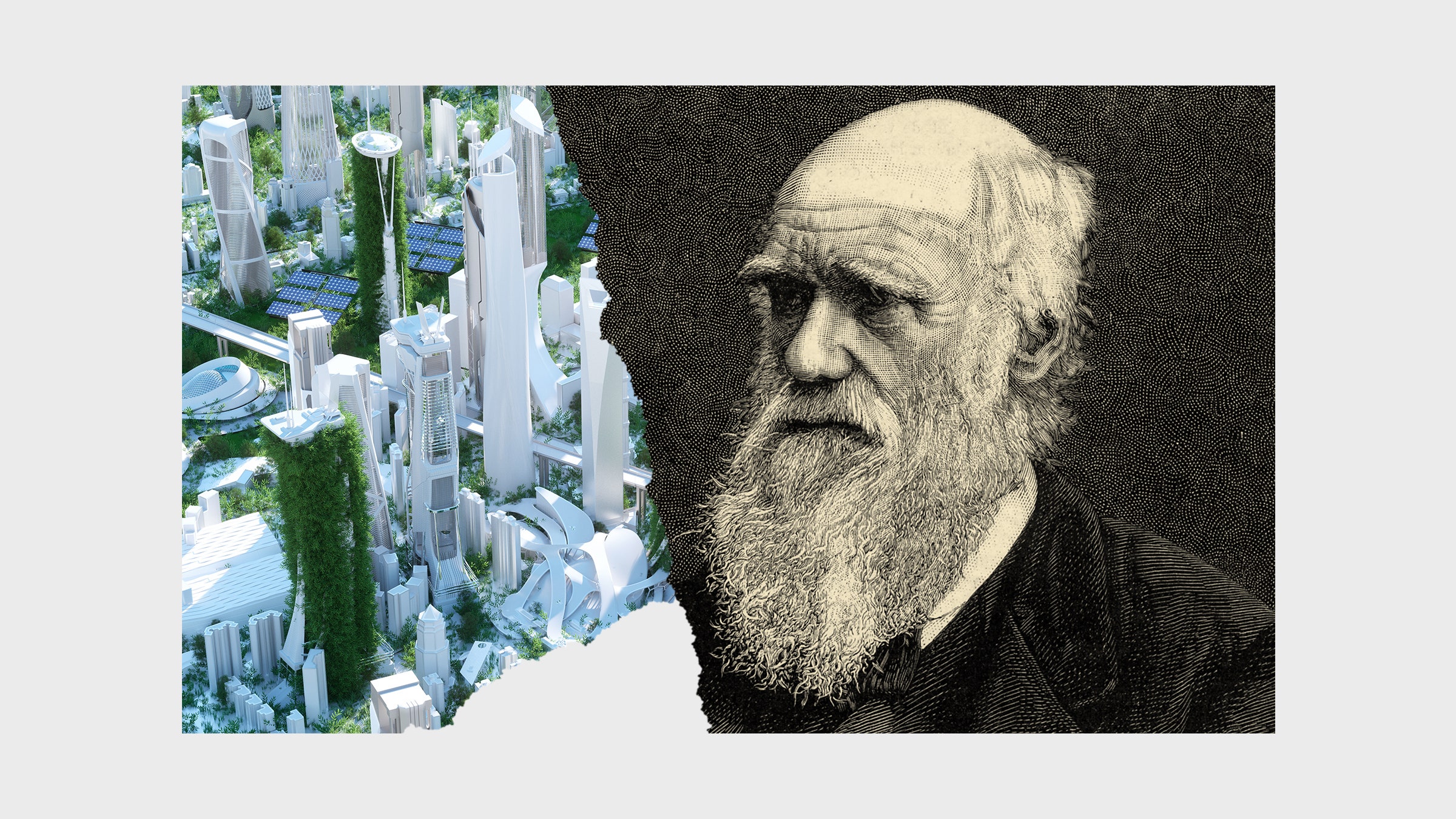 Uma colagem de um retrato de Charles Darwin e uma representação de uma cidade futurista coberta de plantas