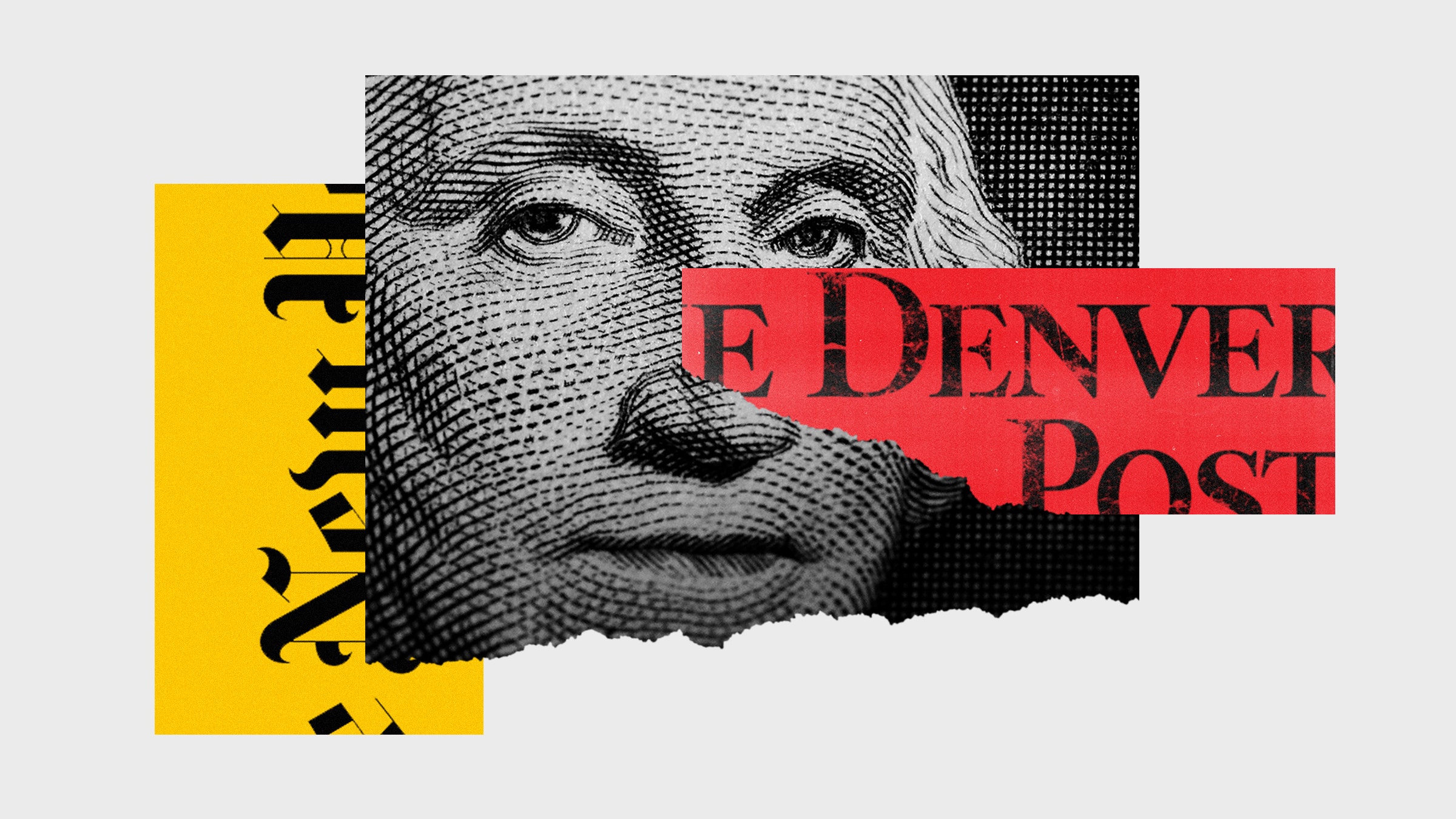 A colagem do plano de fechamento do New York Times Logino com a imagem do dólar e o logotipo Denver Post distorcido