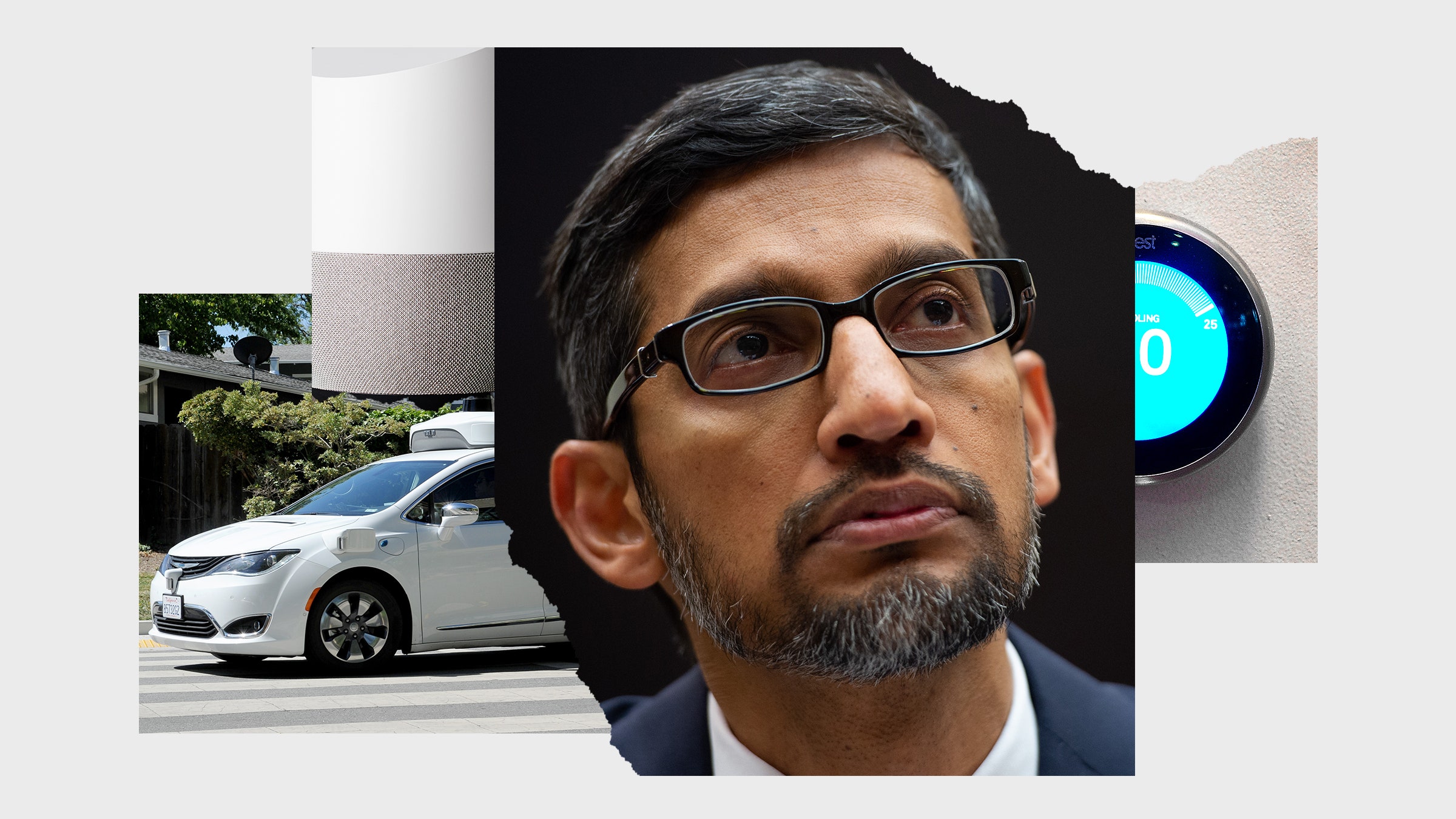 Colagem de imagens de Sundar Pichai e vários produtos do Google