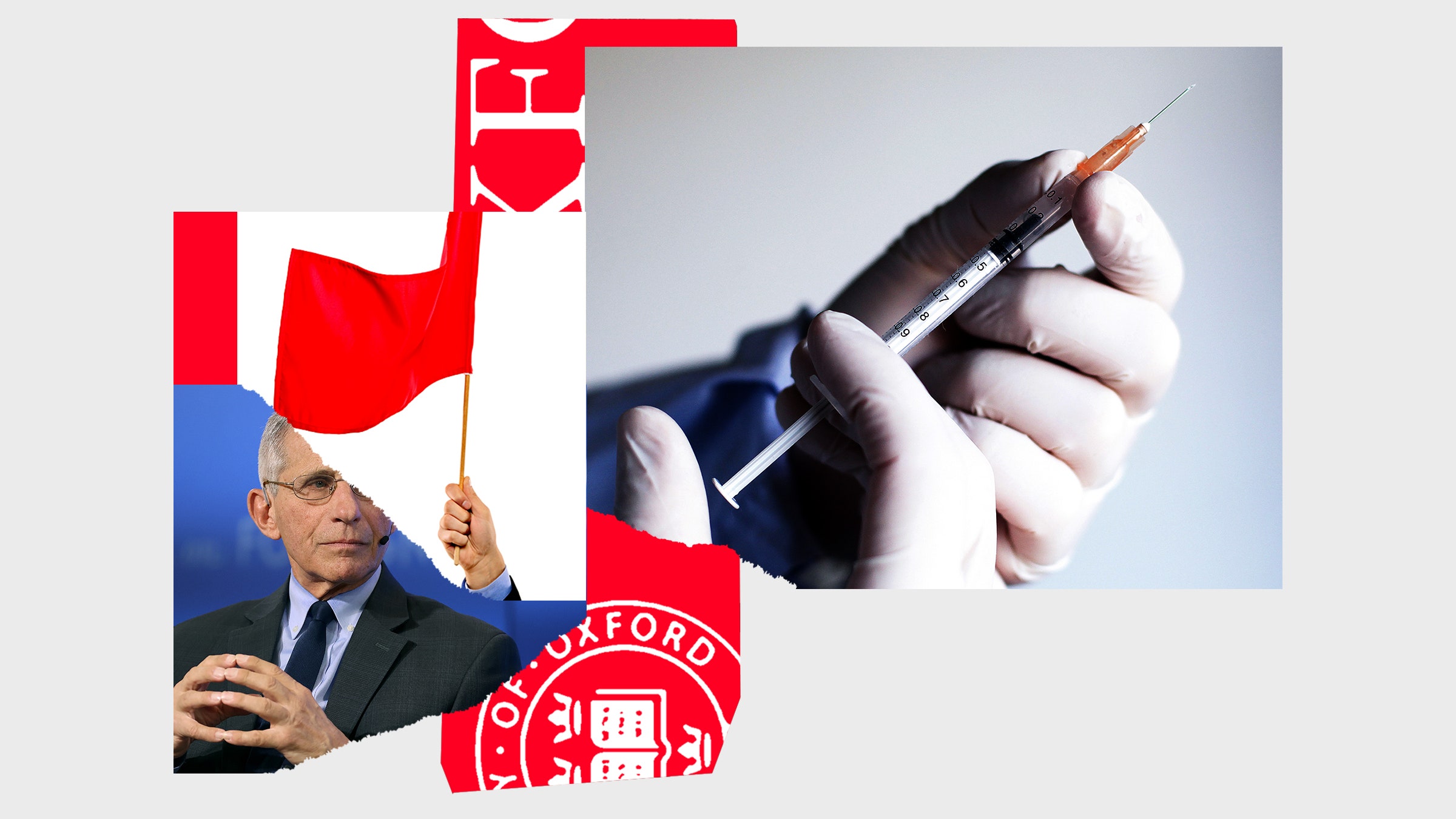 Colagem de imagens de uma seringa com vacina Anthony Fauchi, Oxford Logo e Male Hand segurando uma bandeira vermelha