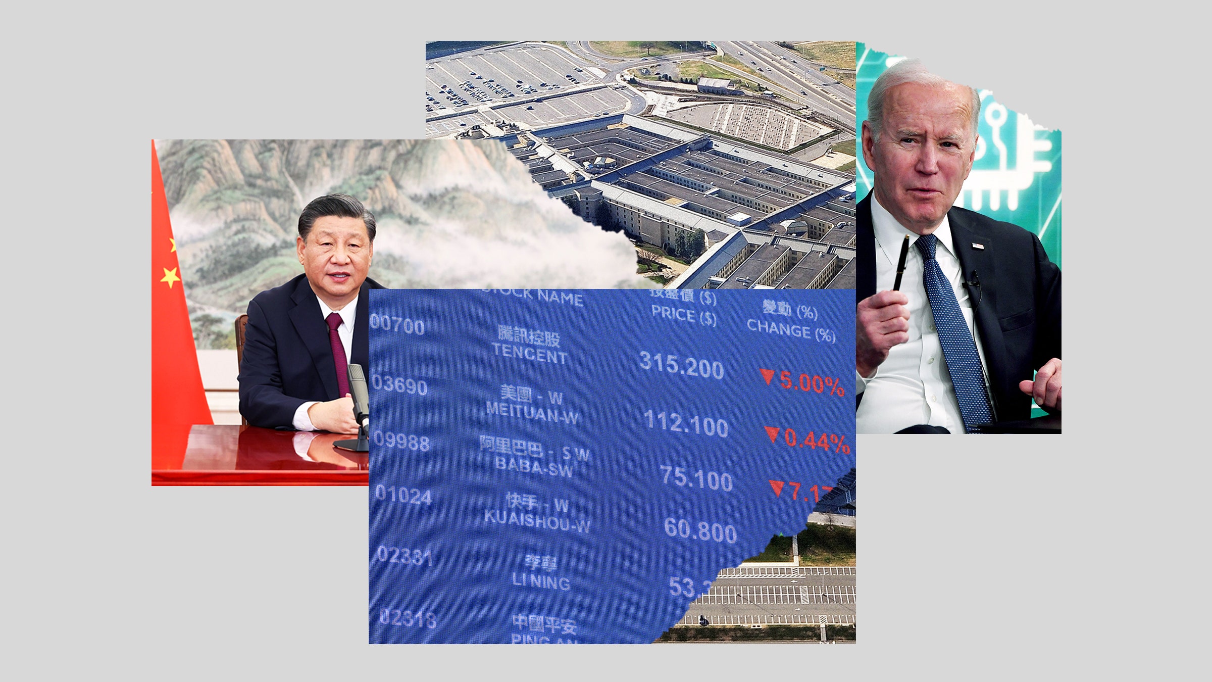 Colagem das imagens dos tecnólogos chineses no Pentágono de Xi Jinpin e Joe Biden